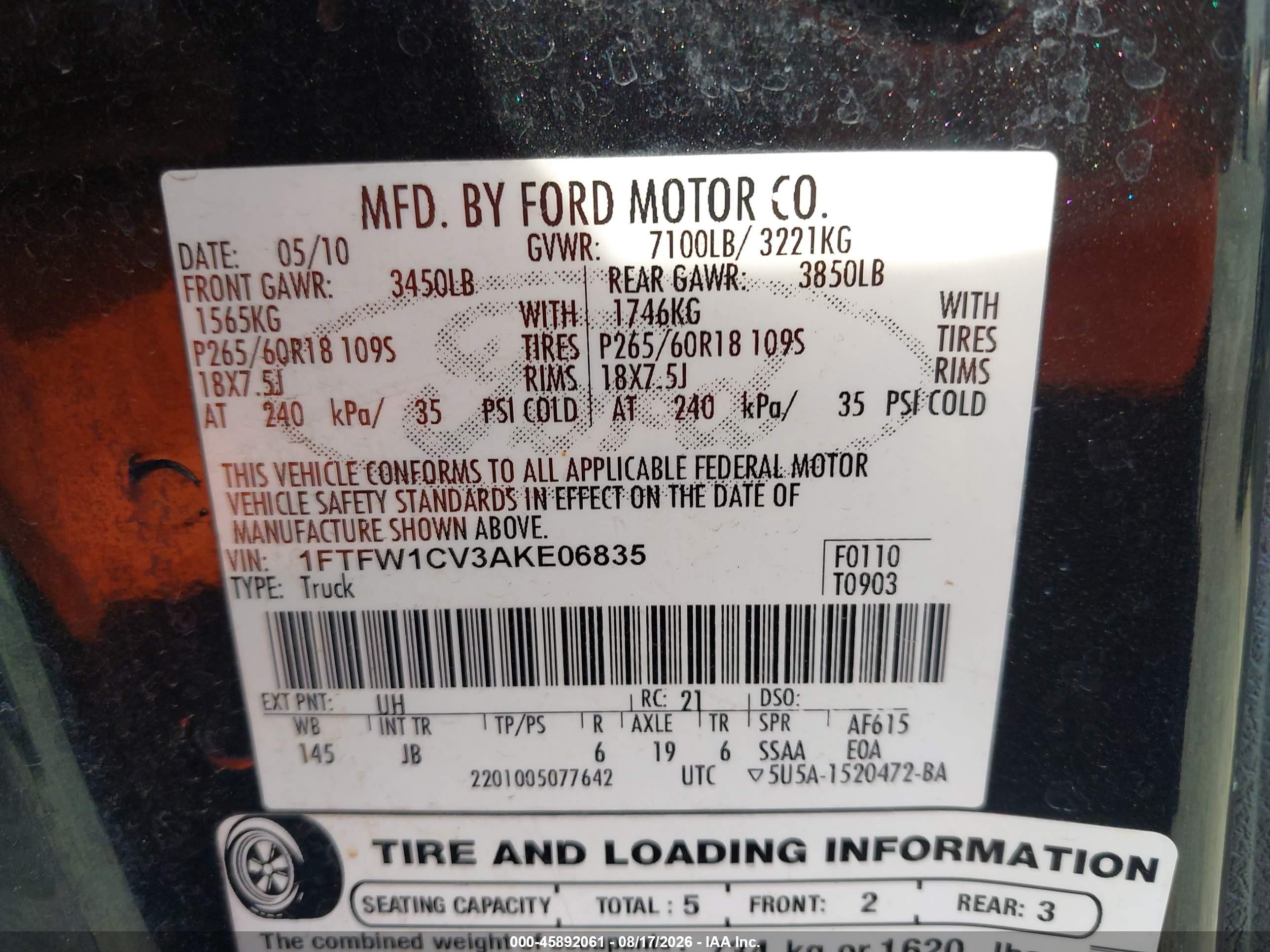 2010 Ford F-150 Fx2 Sport/harley-davidson/king Ranch/lariat/platinum/xl/xlt Black vin: 1FTFW1CV3AKE06835