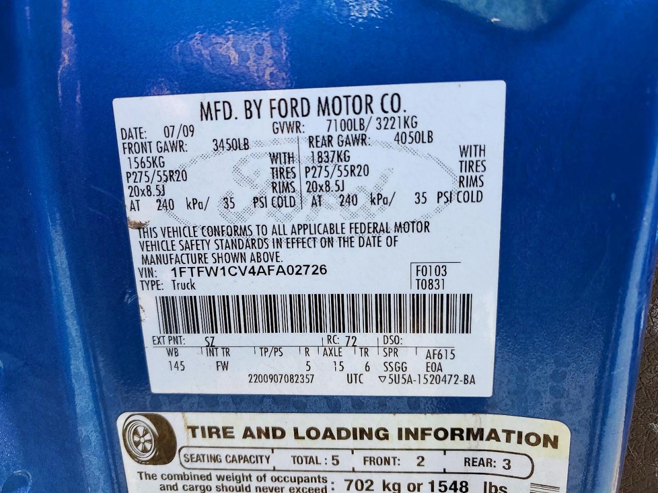 2010 Ford F150 Blue vin: 1FTFW1CV4AFA02726