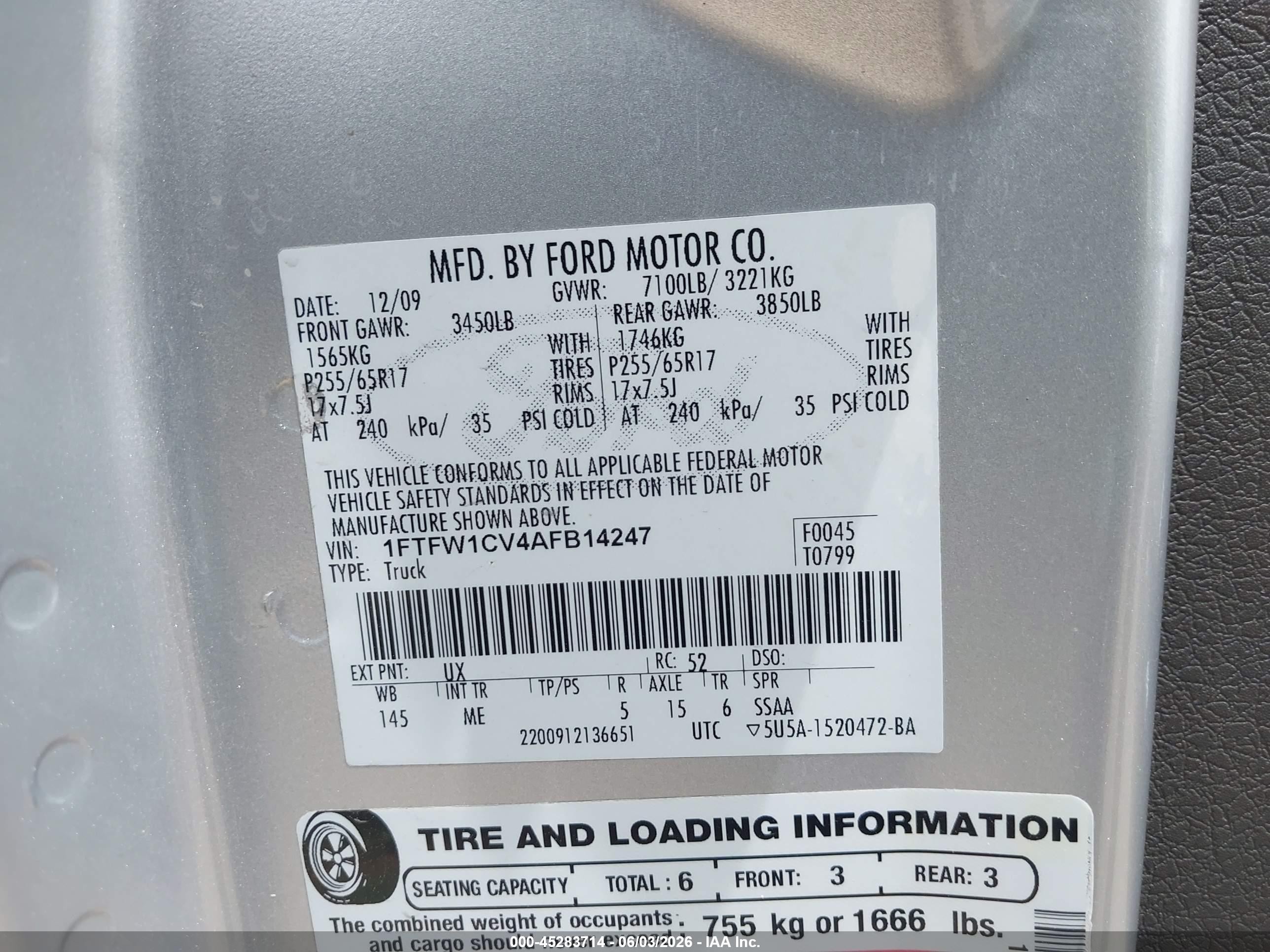 2010 Ford F-150 Fx2 Sport/harley-davidson/king Ranch/lariat/platinum/xl/xlt Silver vin: 1FTFW1CV4AFB14247