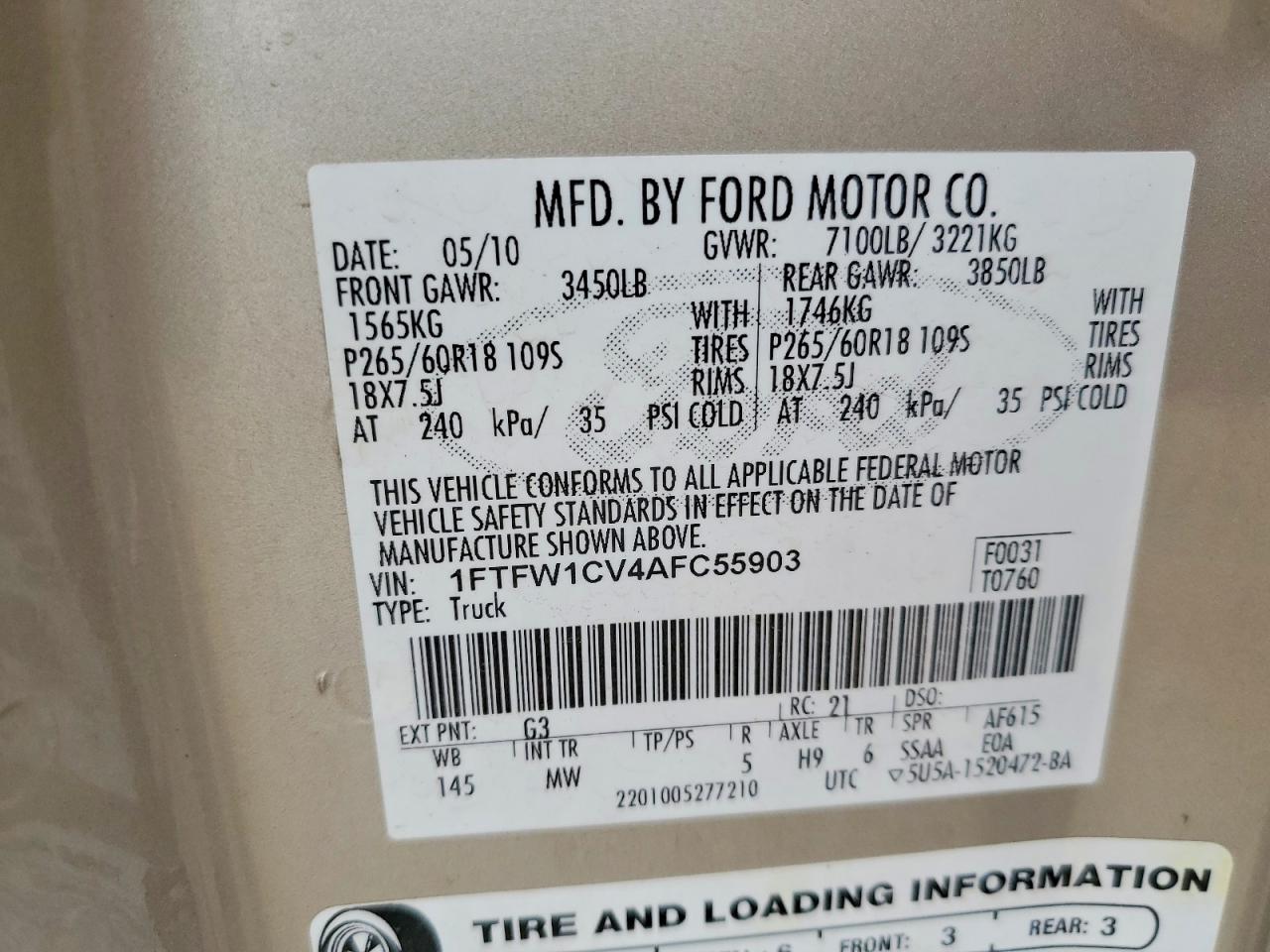 2010 Ford F150 Supercrew Gold vin: 1FTFW1CV4AFC55903