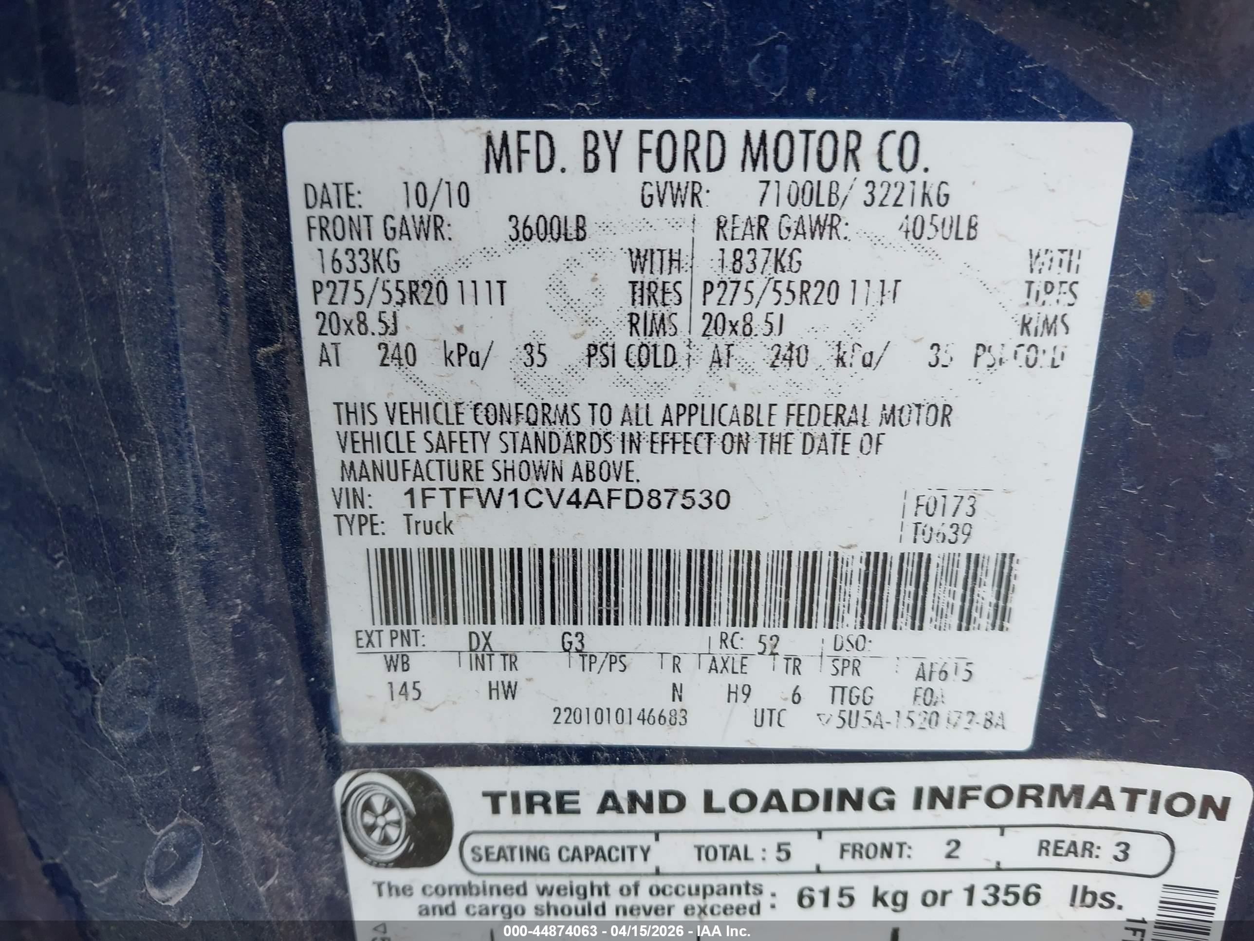 2010 Ford F-150 Fx2 Sport/harley-davidson/king Ranch/lariat/platinum/xl/xlt Blue vin: 1FTFW1CV4AFD87530