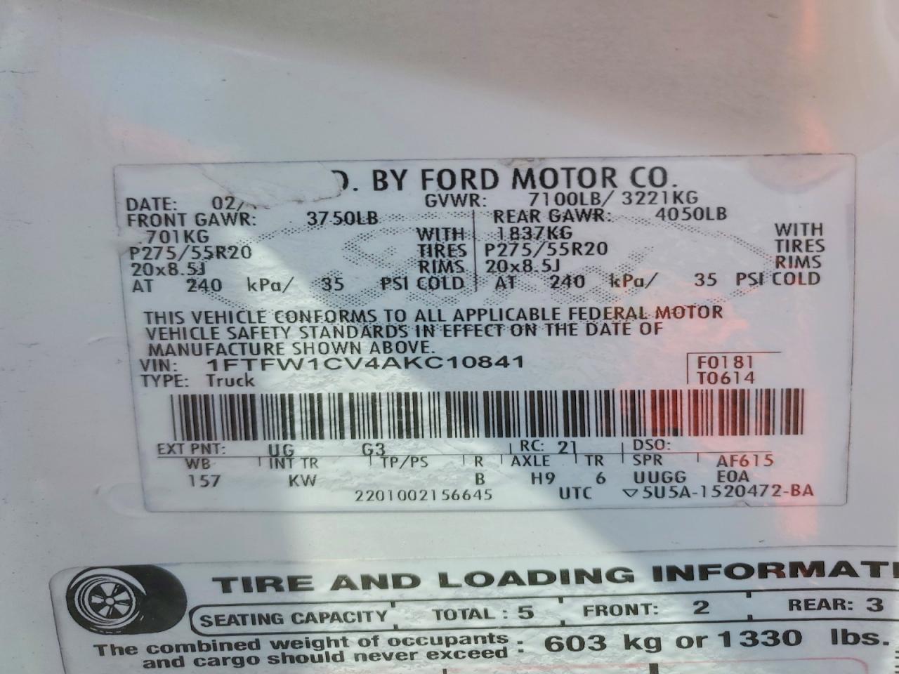 2010 Ford F150 Supercrew White vin: 1FTFW1CV4AKC10841