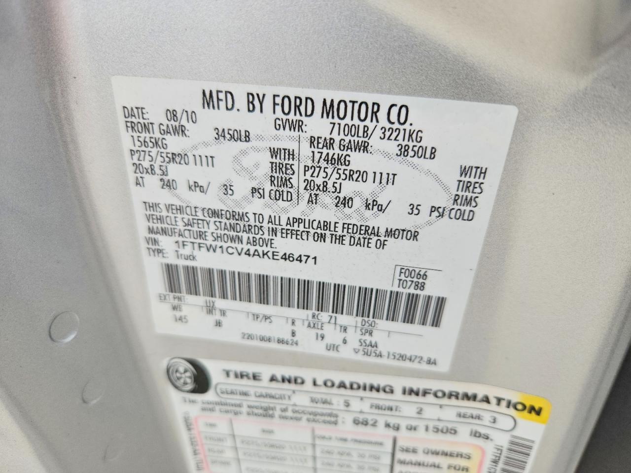 2010 Ford F150 Supercrew Silver vin: 1FTFW1CV4AKE46471