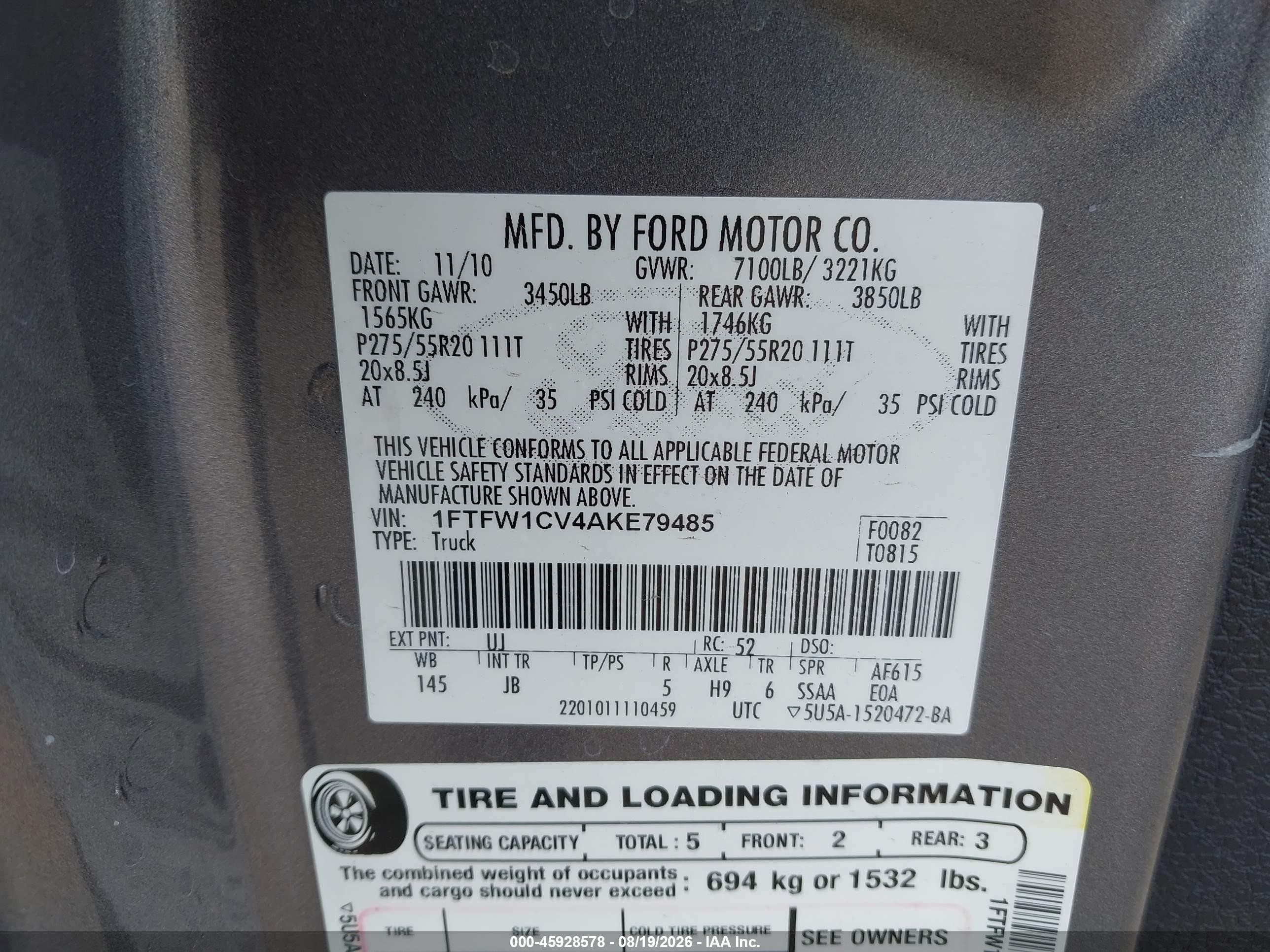 2010 Ford F-150 Fx2 Sport/harley-davidson/king Ranch/lariat/platinum/xl/xlt Gray vin: 1FTFW1CV4AKE79485