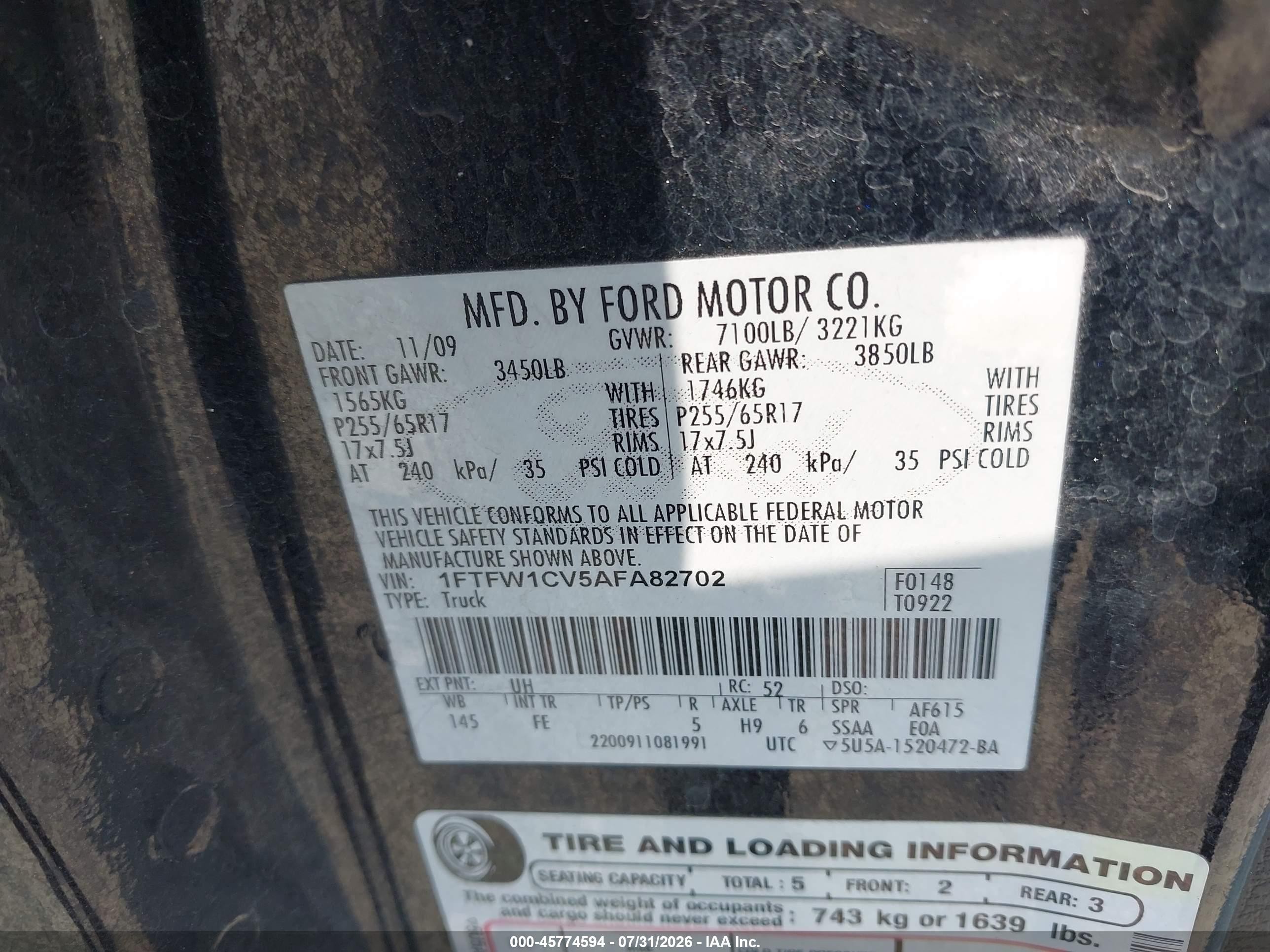 2010 Ford F-150 Fx2 Sport/harley-davidson/king Ranch/lariat/platinum/xl/xlt Black vin: 1FTFW1CV5AFA82702