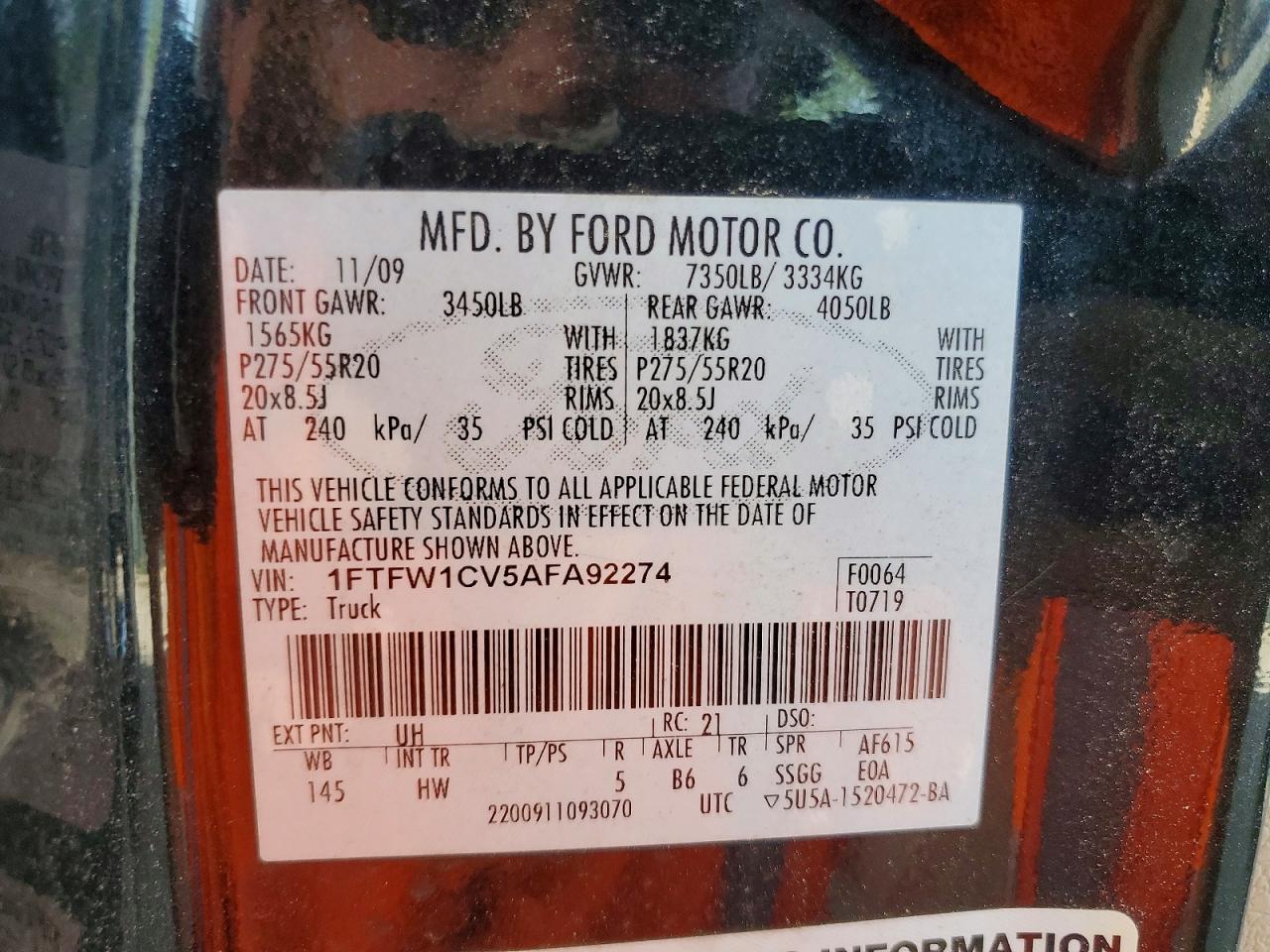 2010 Ford F150 Supercrew Black vin: 1FTFW1CV5AFA92274