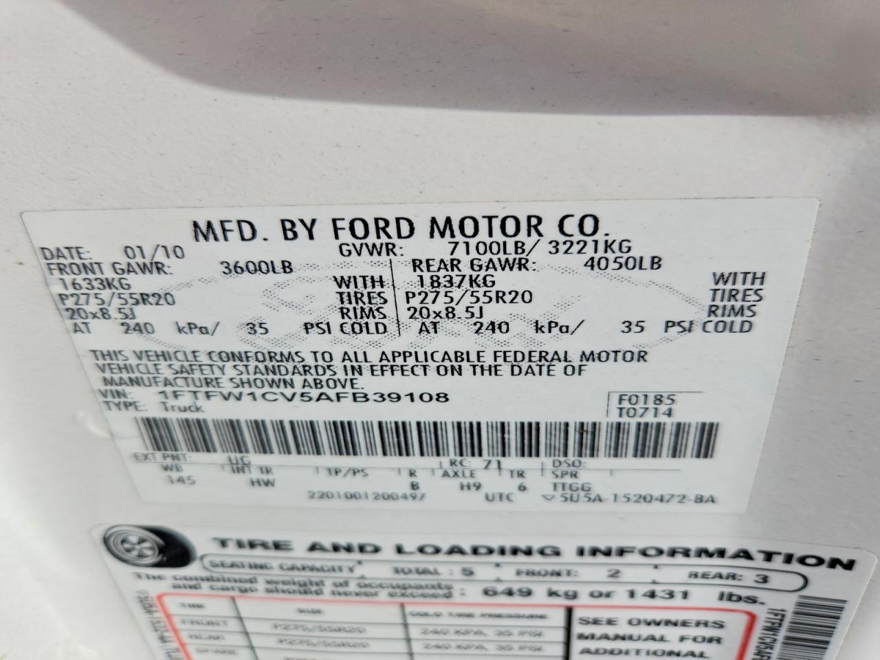 2010 Ford F150 Supercrew White vin: 1FTFW1CV5AFB39108