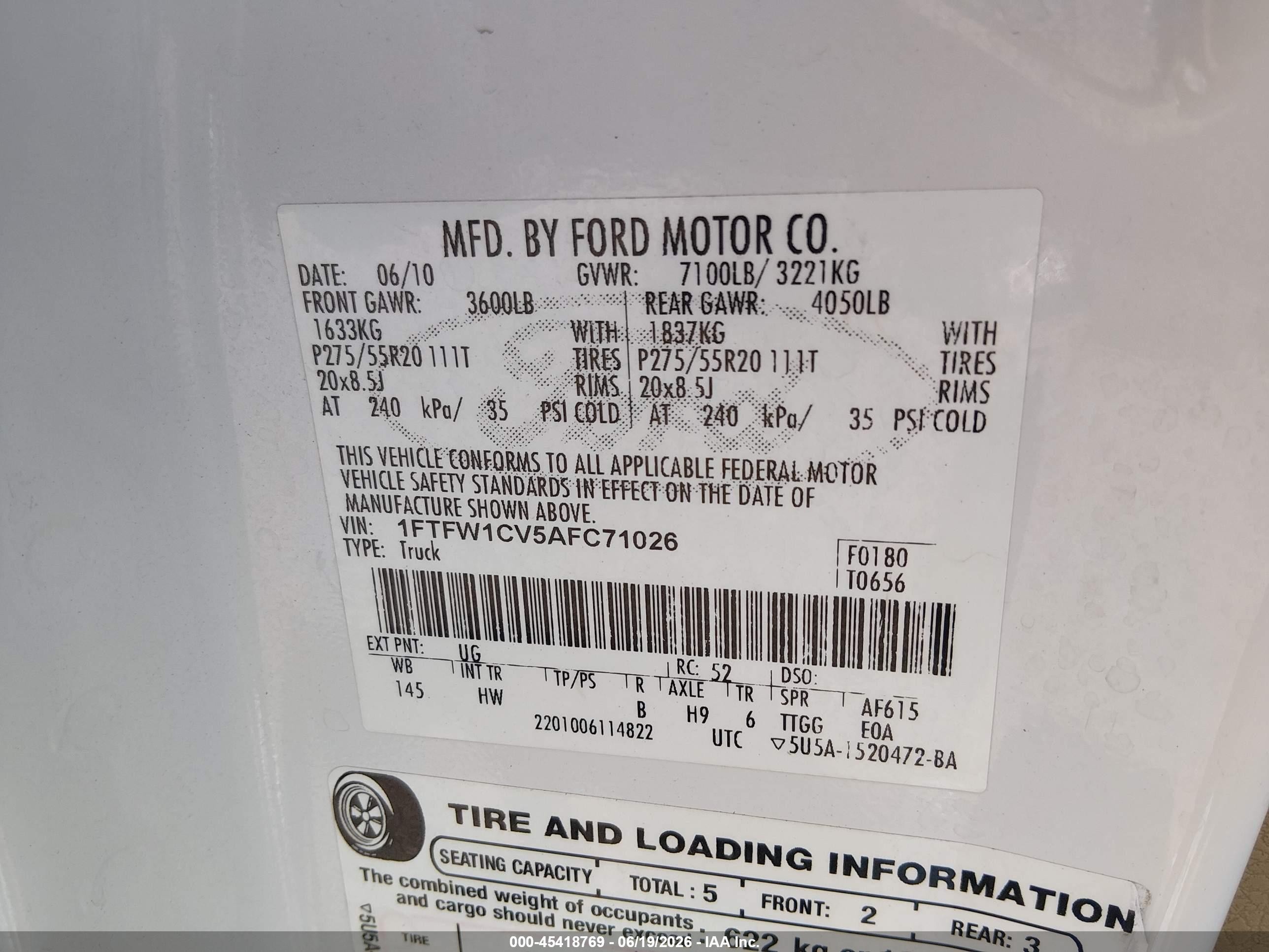 2010 Ford F-150 Fx2 Sport/harley-davidson/king Ranch/lariat/platinum/xl/xlt White vin: 1FTFW1CV5AFC71026