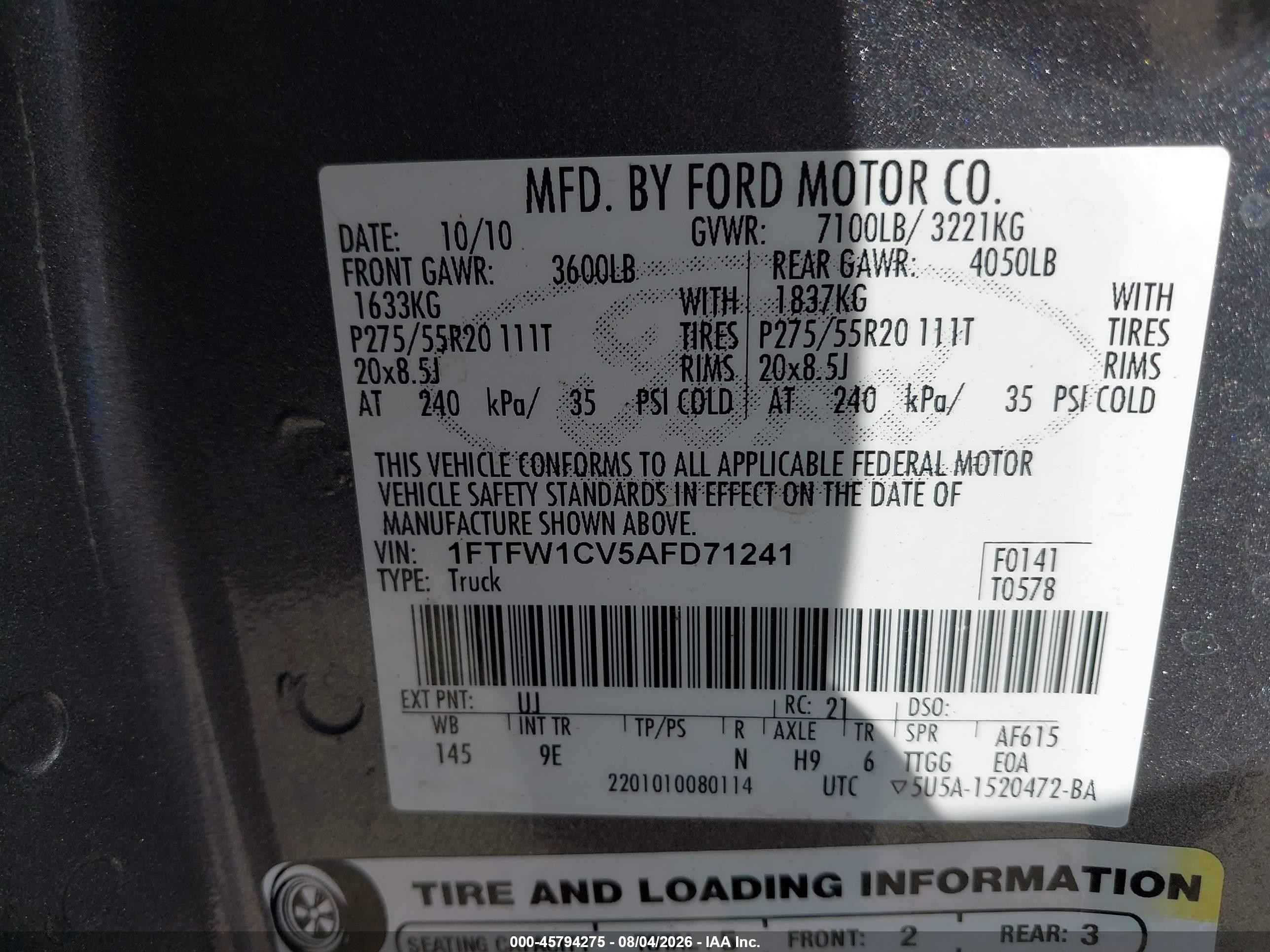 2010 Ford F-150 Platinum Gray vin: 1FTFW1CV5AFD71241
