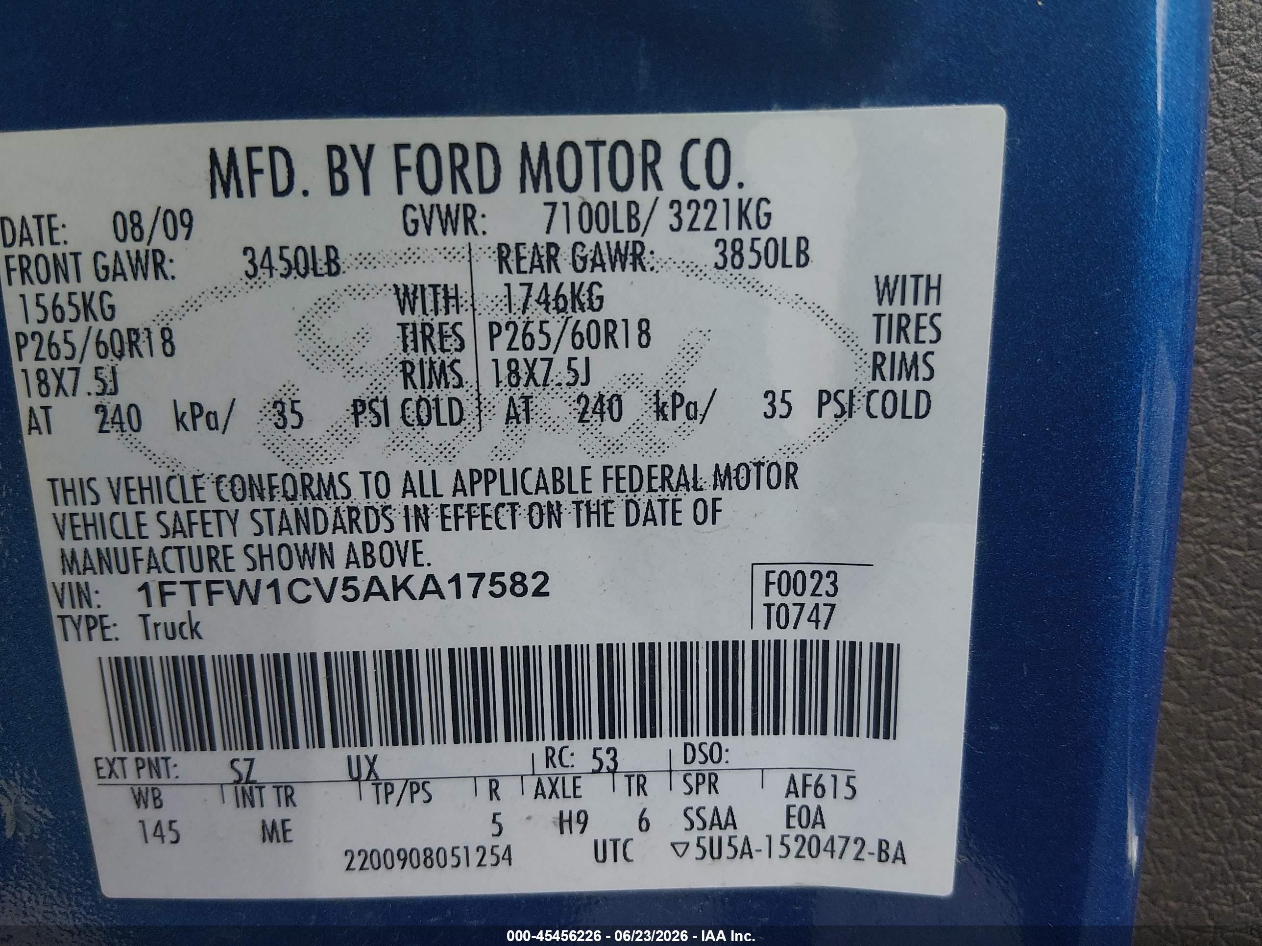 2010 Ford F-150 Fx2 Sport/harley-davidson/king Ranch/lariat/platinum/xl/xlt Blue vin: 1FTFW1CV5AKA17582