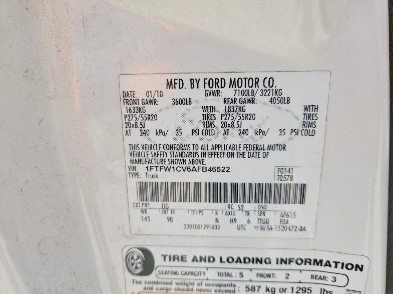 2010 Ford F150 Supercrew White vin: 1FTFW1CV6AFB46522