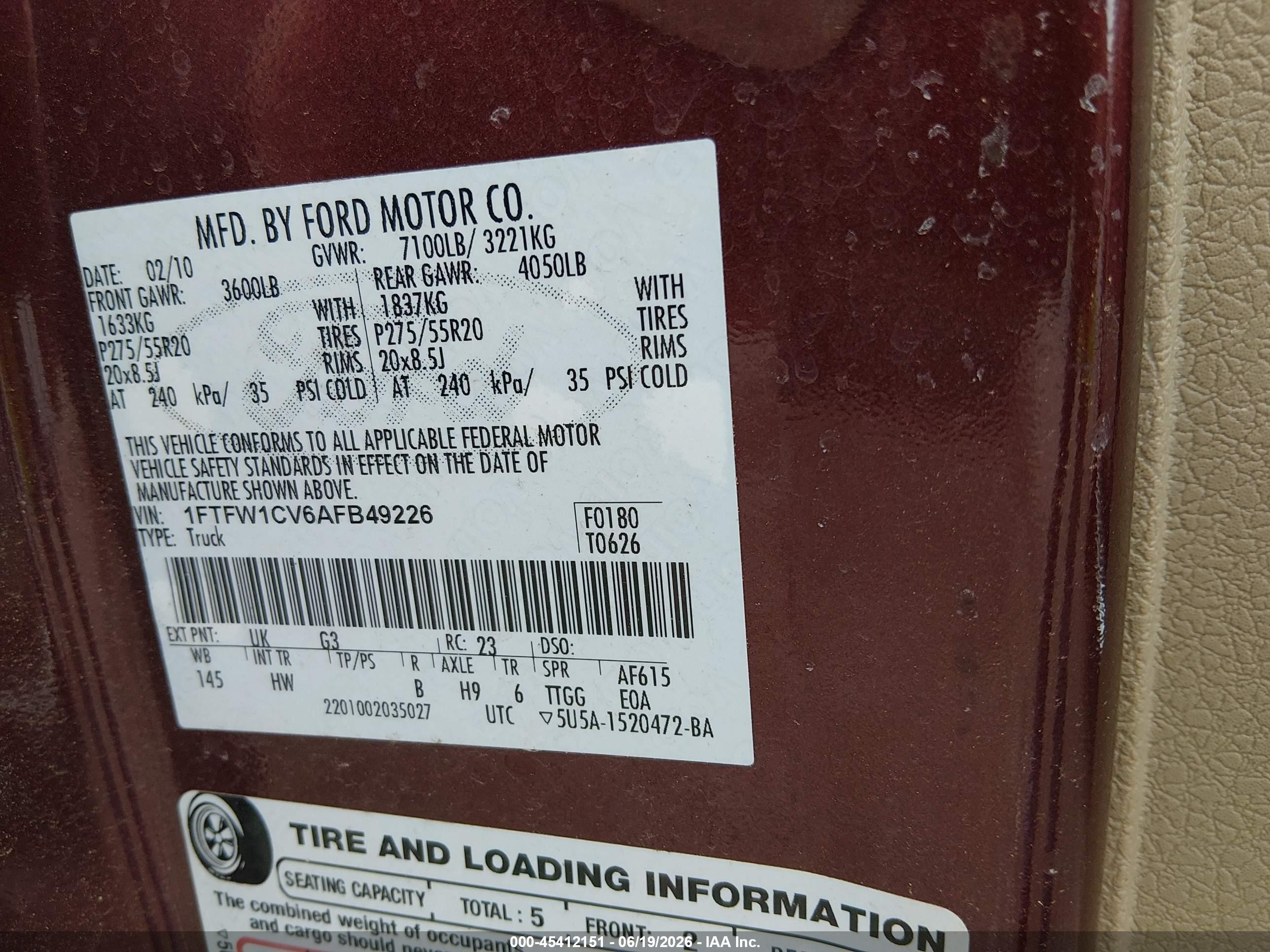 2010 Ford F-150 Lariat Burgundy vin: 1FTFW1CV6AFB49226