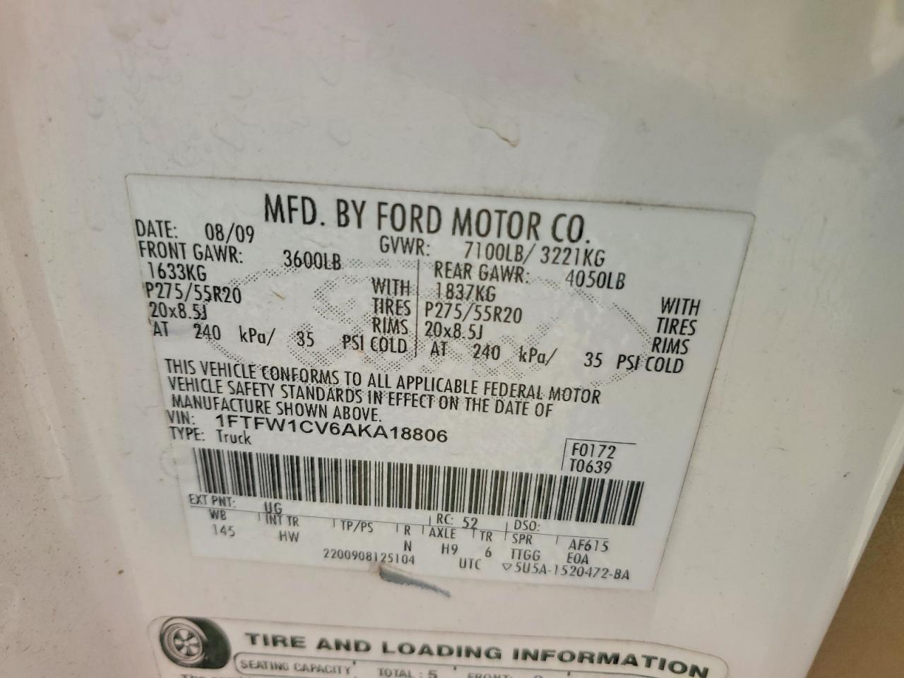 2010 Ford F150 Supercrew White vin: 1FTFW1CV6AKA18806