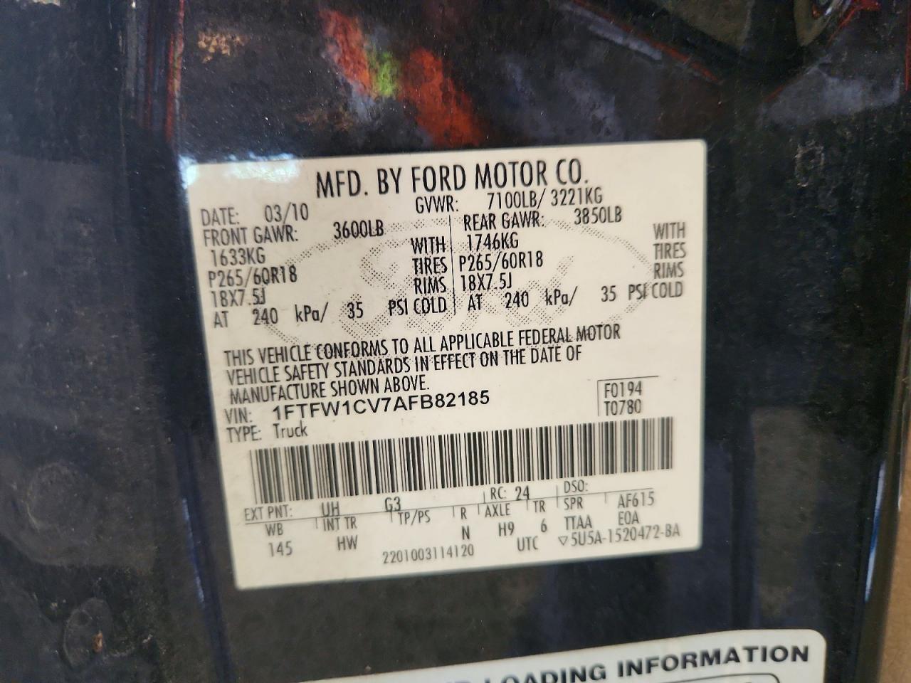 2010 Ford F150 Supercrew Black vin: 1FTFW1CV7AFB82185