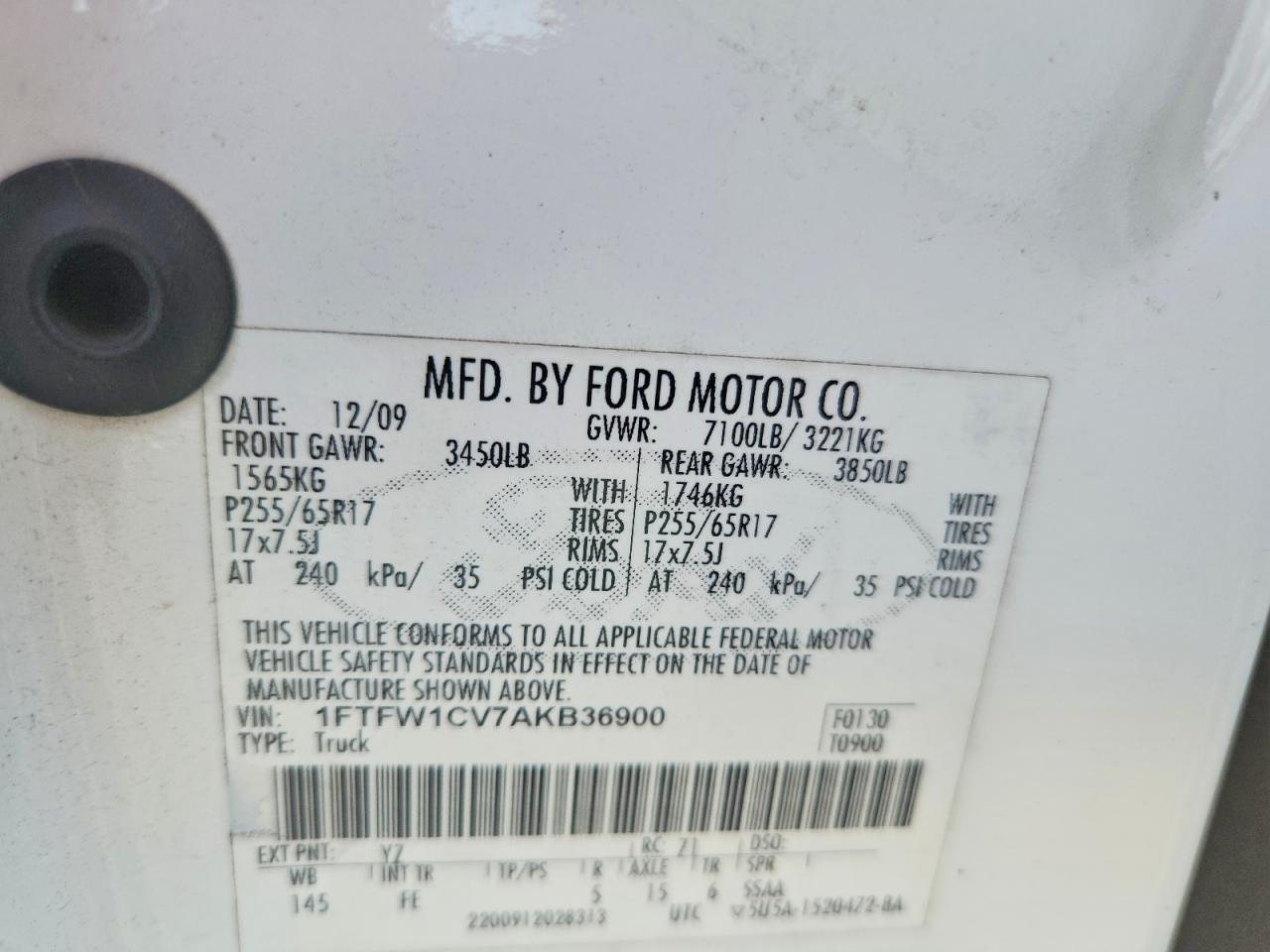 2010 Ford F150 Supercrew White vin: 1FTFW1CV7AKB36900