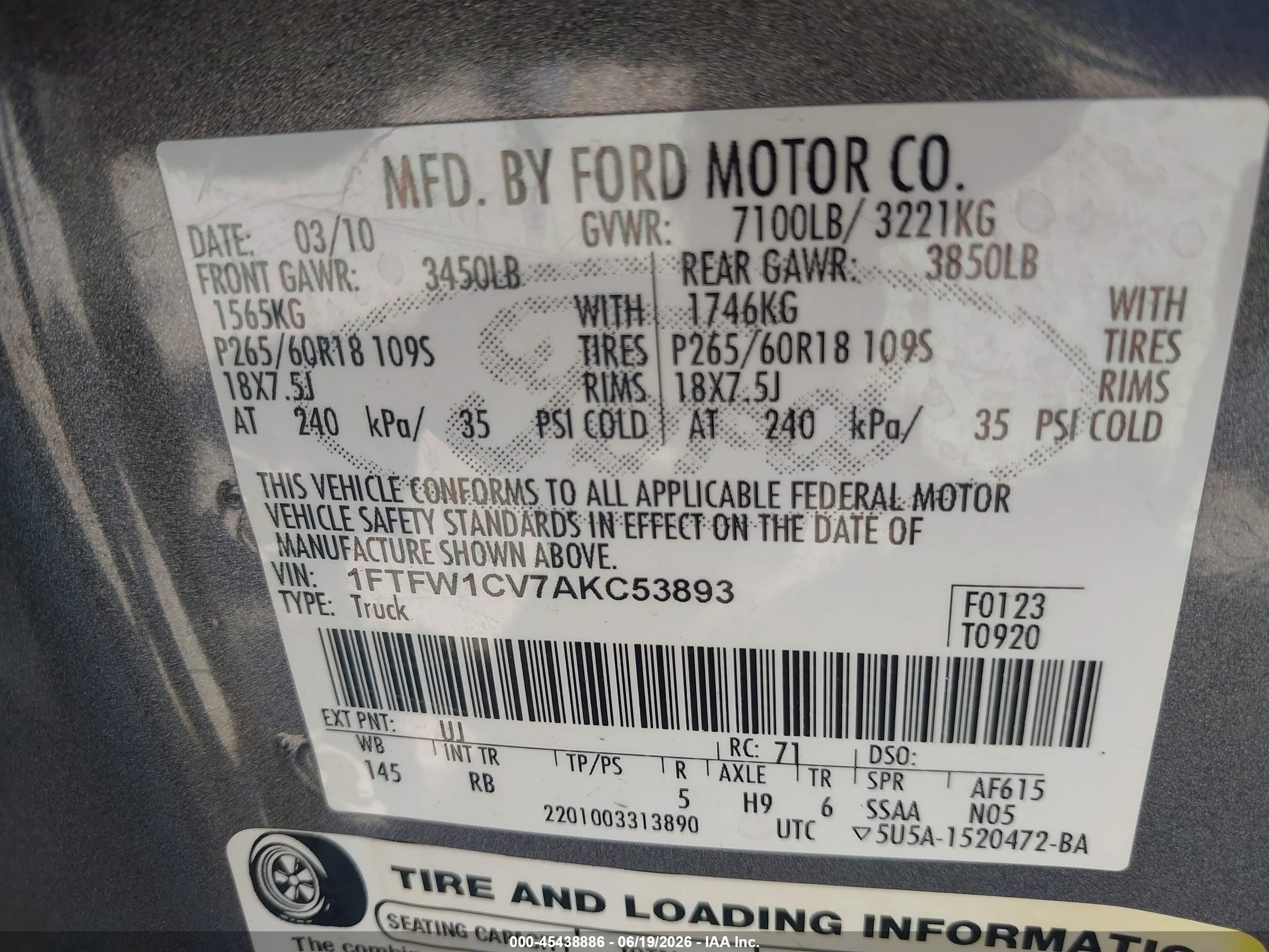 2010 Ford F-150 Fx2 Sport/harley-davidson/king Ranch/lariat/platinum/xl/xlt Gray vin: 1FTFW1CV7AKC53893