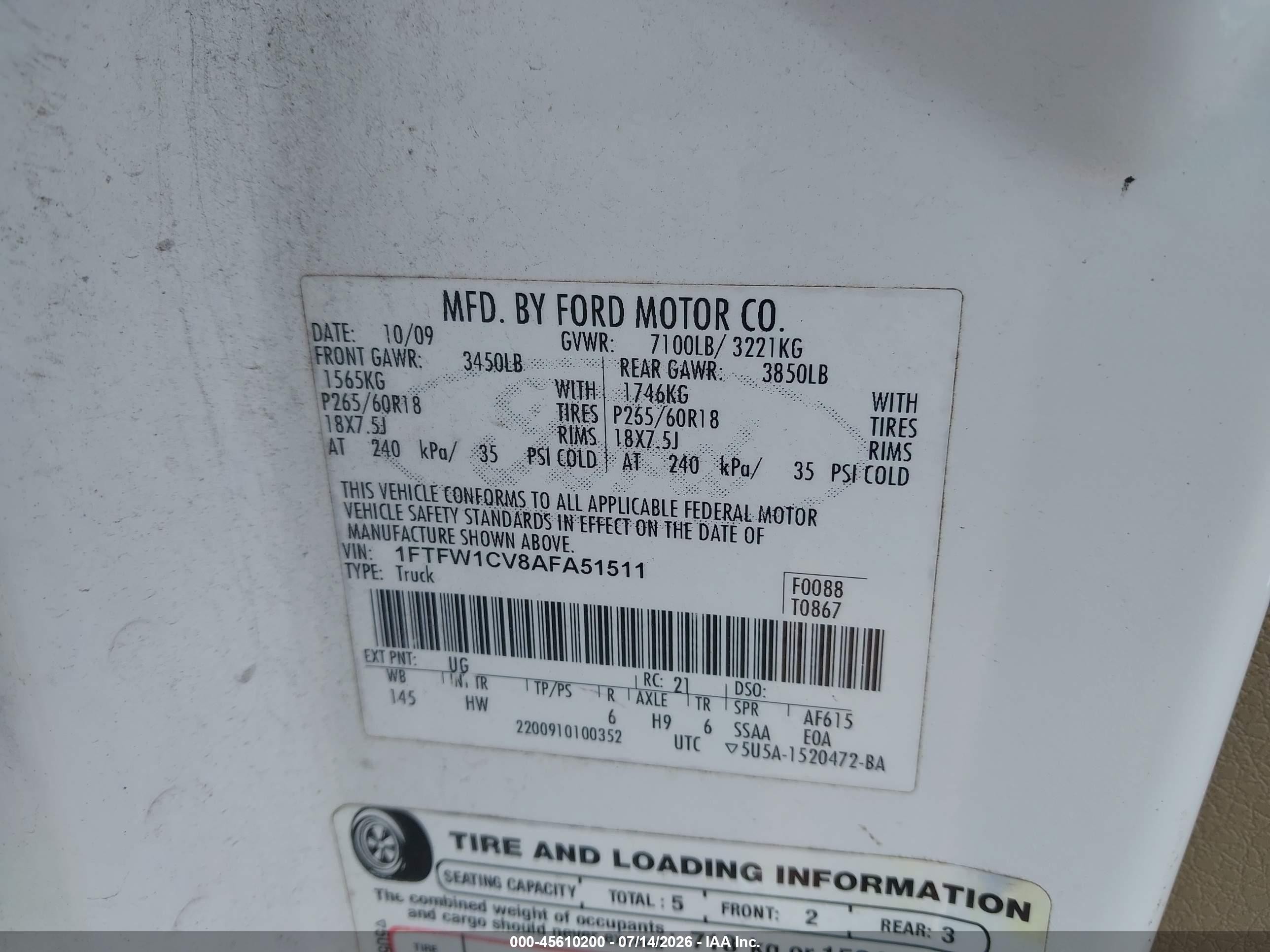 2010 Ford F-150 Fx2 Sport/harley-davidson/king Ranch/lariat/platinum/xl/xlt White vin: 1FTFW1CV8AFA51511