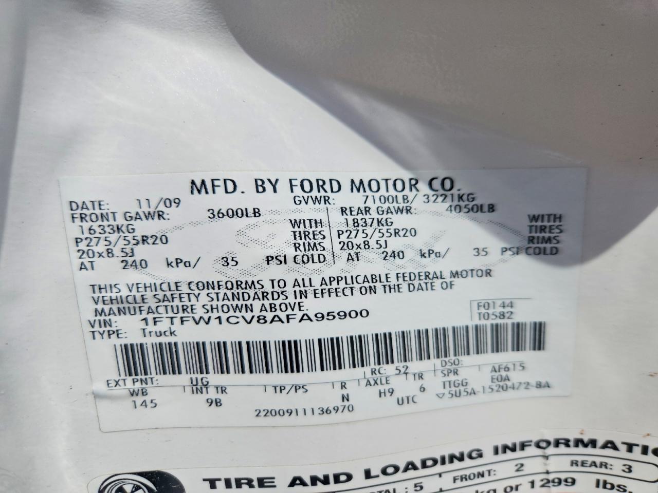 2010 Ford F150 Supercrew White vin: 1FTFW1CV8AFA95900