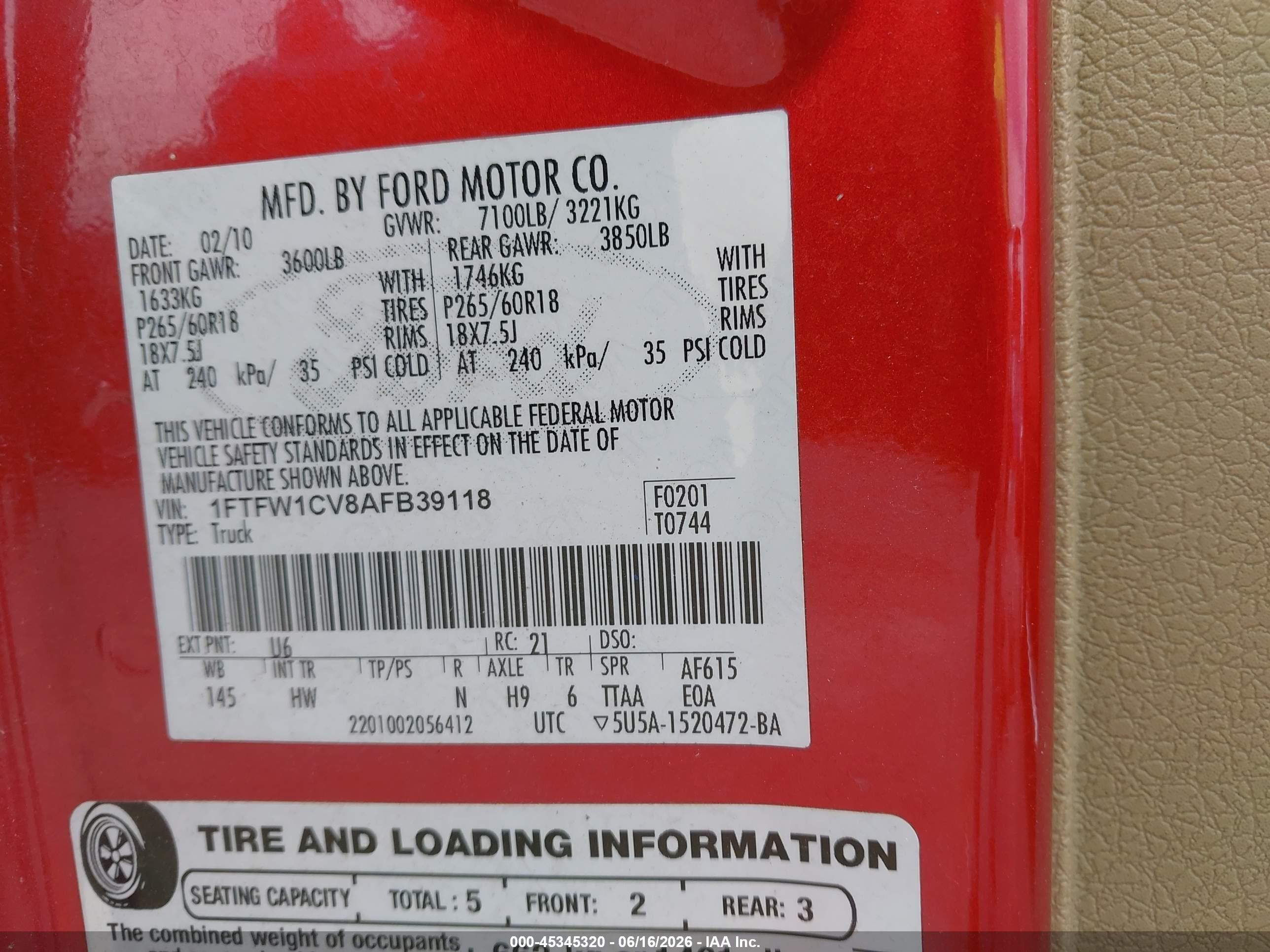 2010 Ford F-150 Fx2 Sport/harley-davidson/king Ranch/lariat/platinum/xl/xlt Red vin: 1FTFW1CV8AFB39118