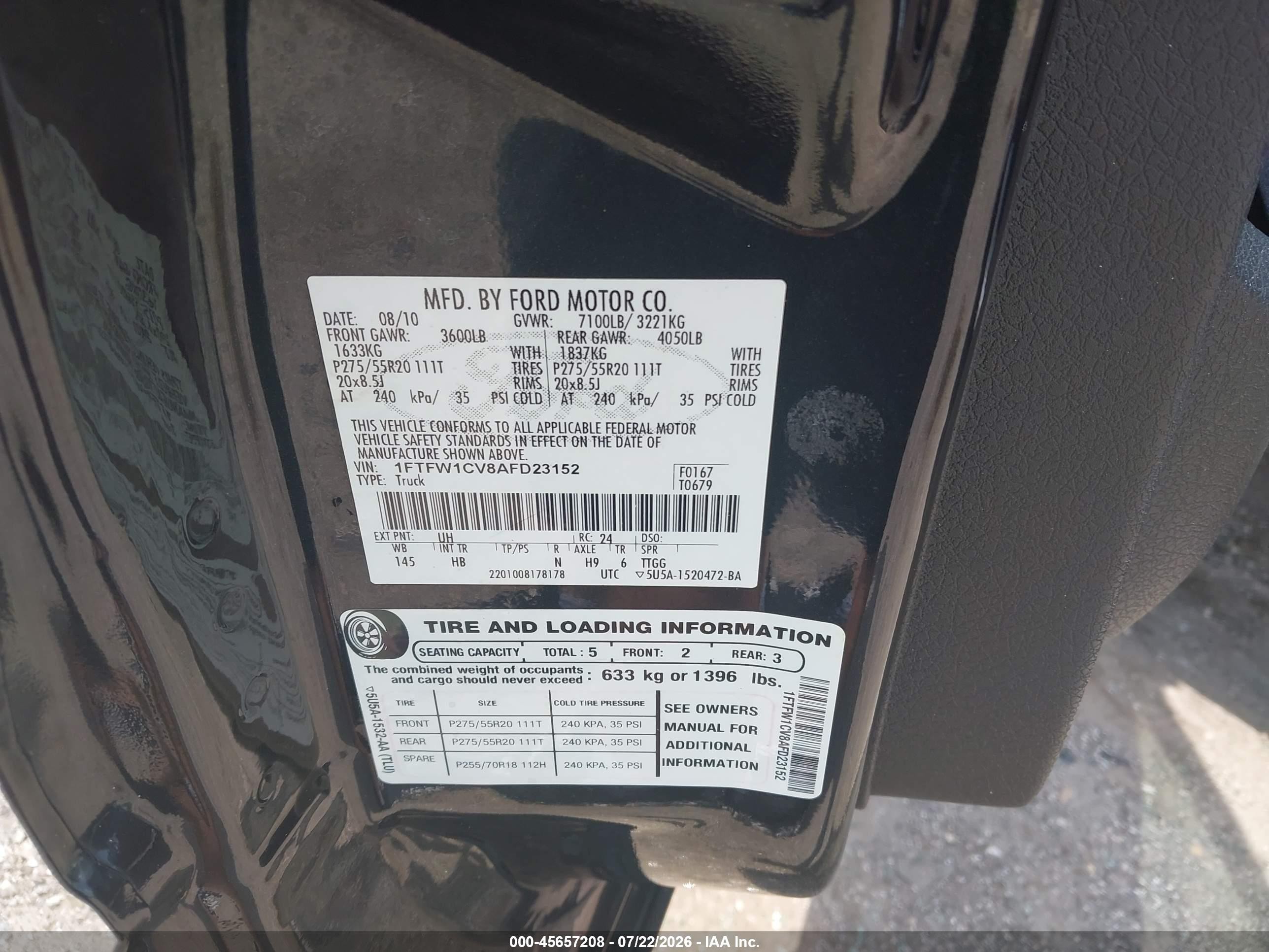 2010 Ford F-150 Fx2 Sport/harley-davidson/king Ranch/lariat/platinum/xl/xlt Black vin: 1FTFW1CV8AFD23152
