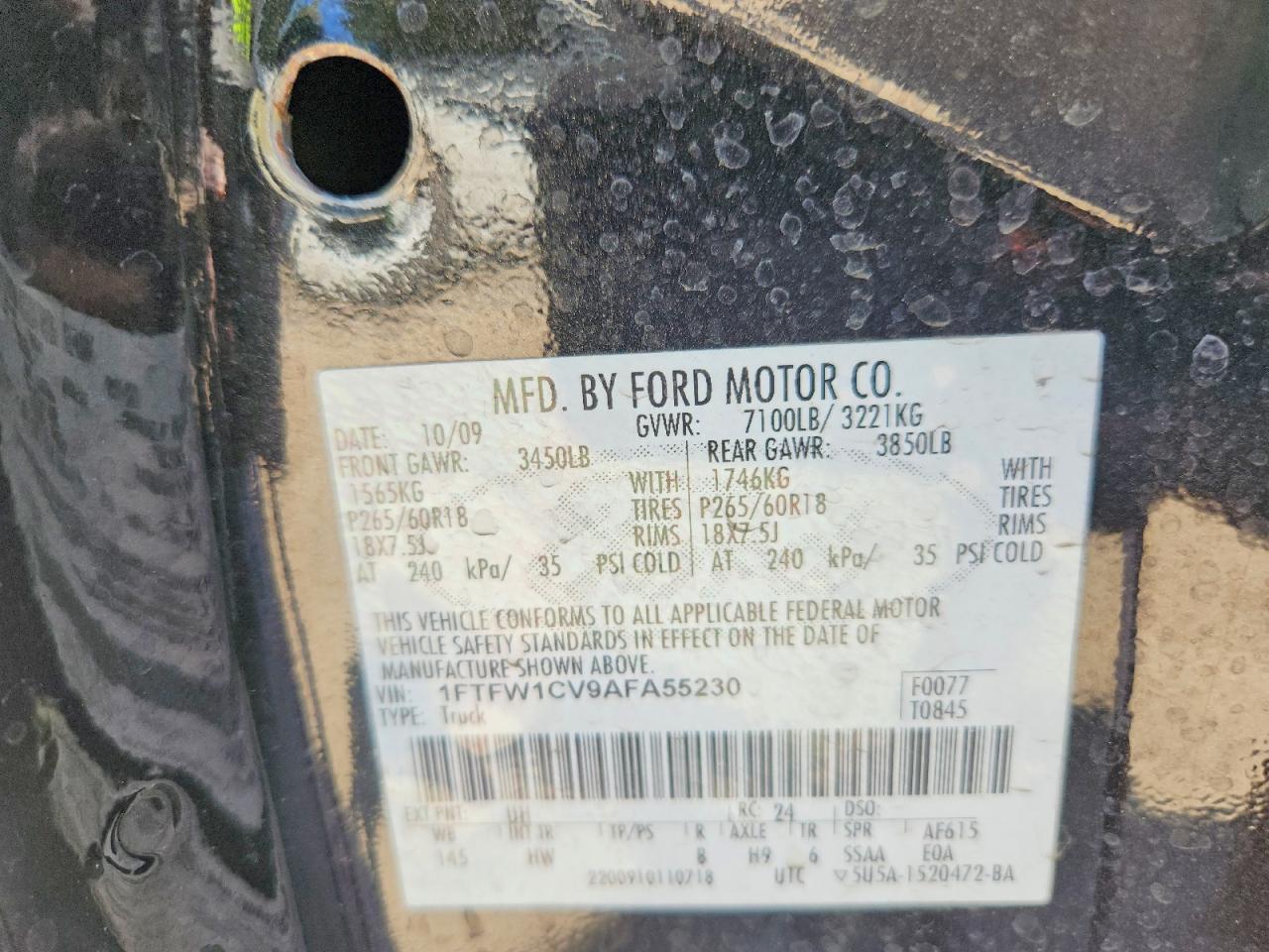 2010 Ford F150 Supercrew Black vin: 1FTFW1CV9AFA55230