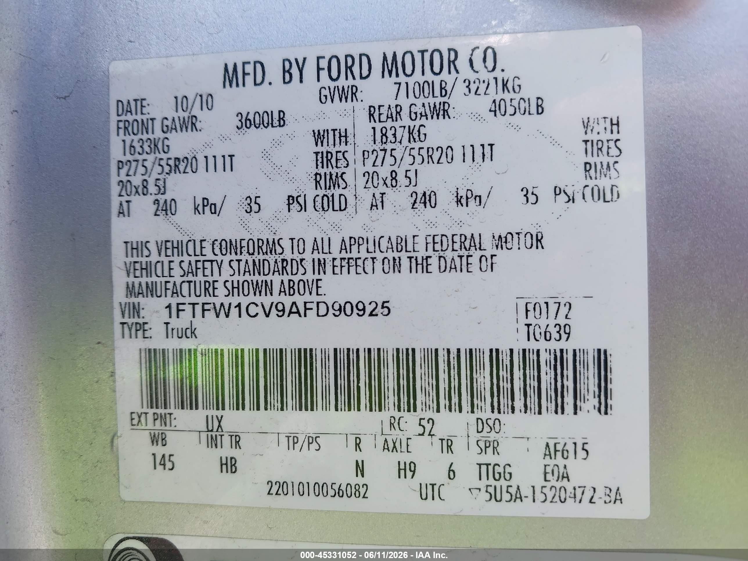 2010 Ford F-150   Silver vin: 1FTFW1CV9AFD90925