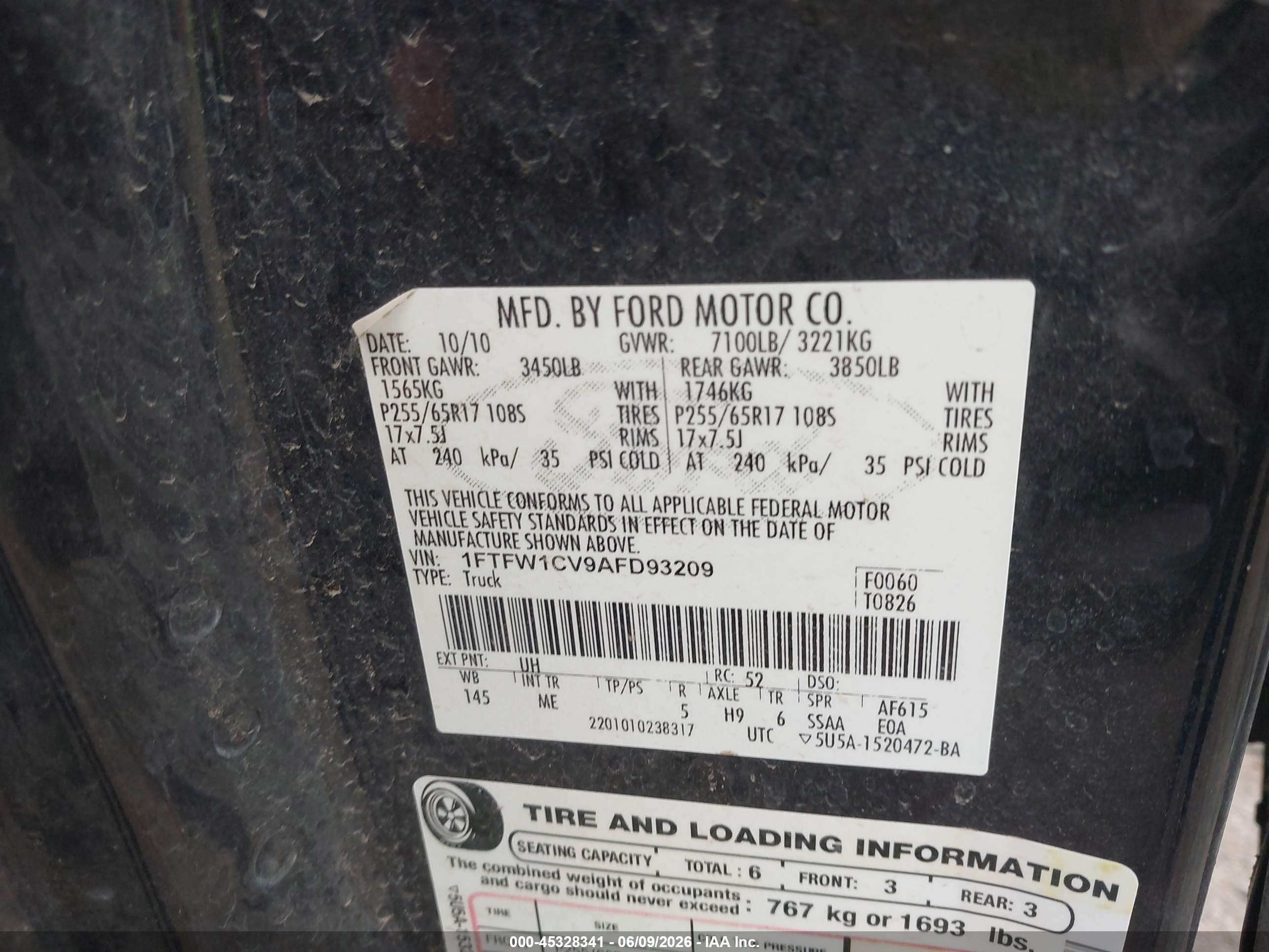 2010 Ford F-150 Xlt Black vin: 1FTFW1CV9AFD93209