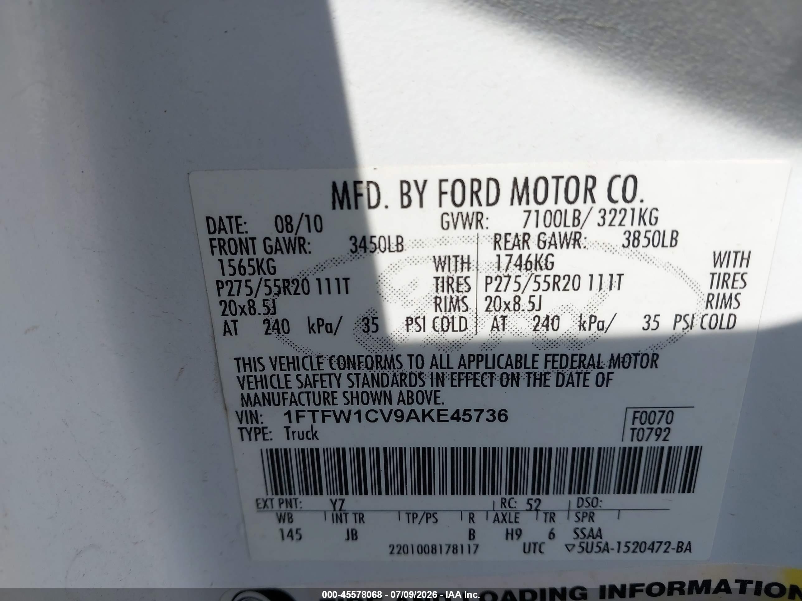 2010 Ford F-150 Fx2 Sport/harley-davidson/king Ranch/lariat/platinum/xl/xlt Белый vin: 1FTFW1CV9AKE45736