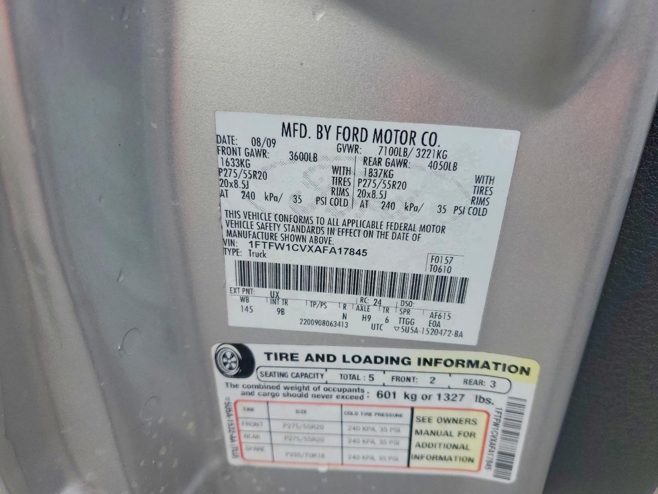 2010 Ford F150 Supercrew Silver vin: 1FTFW1CVXAFA17845