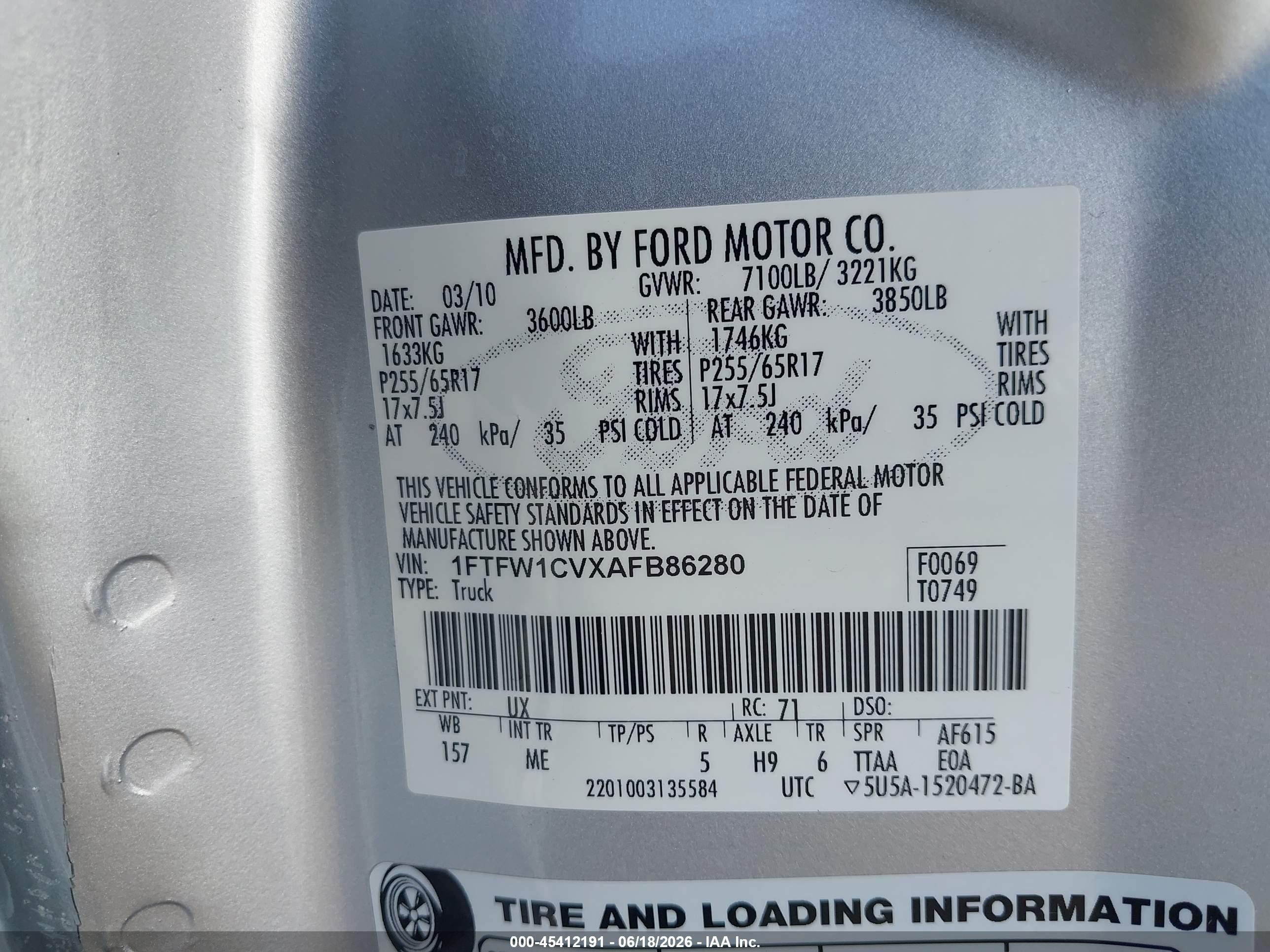 2010 Ford F-150 Fx2 Sport/harley-davidson/king Ranch/lariat/platinum/xl/xlt Silver vin: 1FTFW1CVXAFB86280