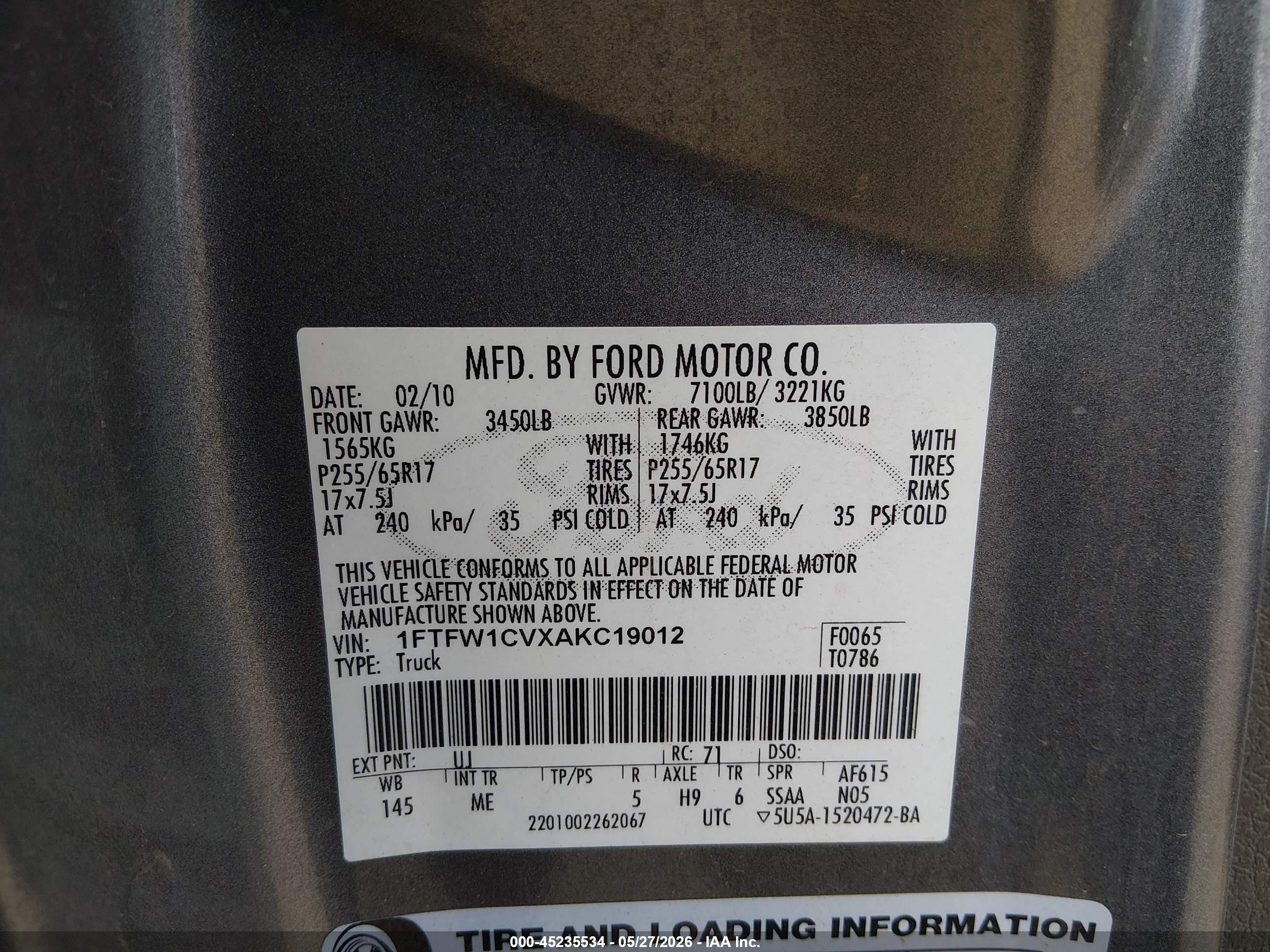 2010 Ford F-150 Fx2 Sport/harley-davidson/king Ranch/lariat/platinum/xl/xlt Gray vin: 1FTFW1CVXAKC19012