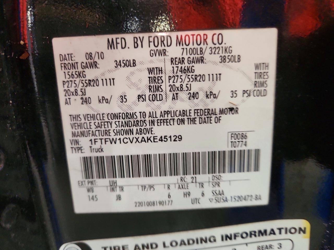2010 Ford F150 Supercrew Black vin: 1FTFW1CVXAKE45129