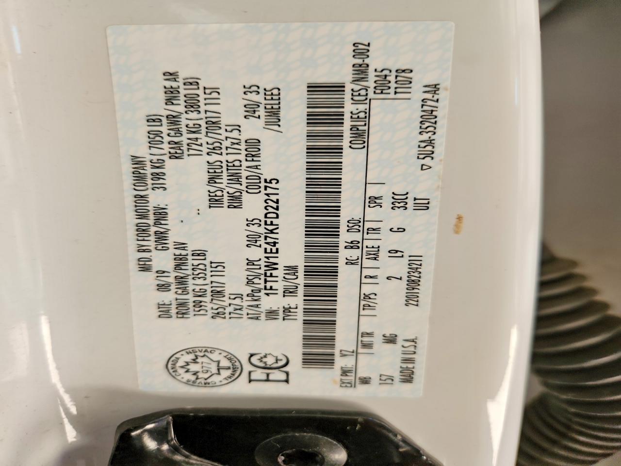 2019 Ford F150 Supercrew White vin: 1FTFW1E47KFD22175