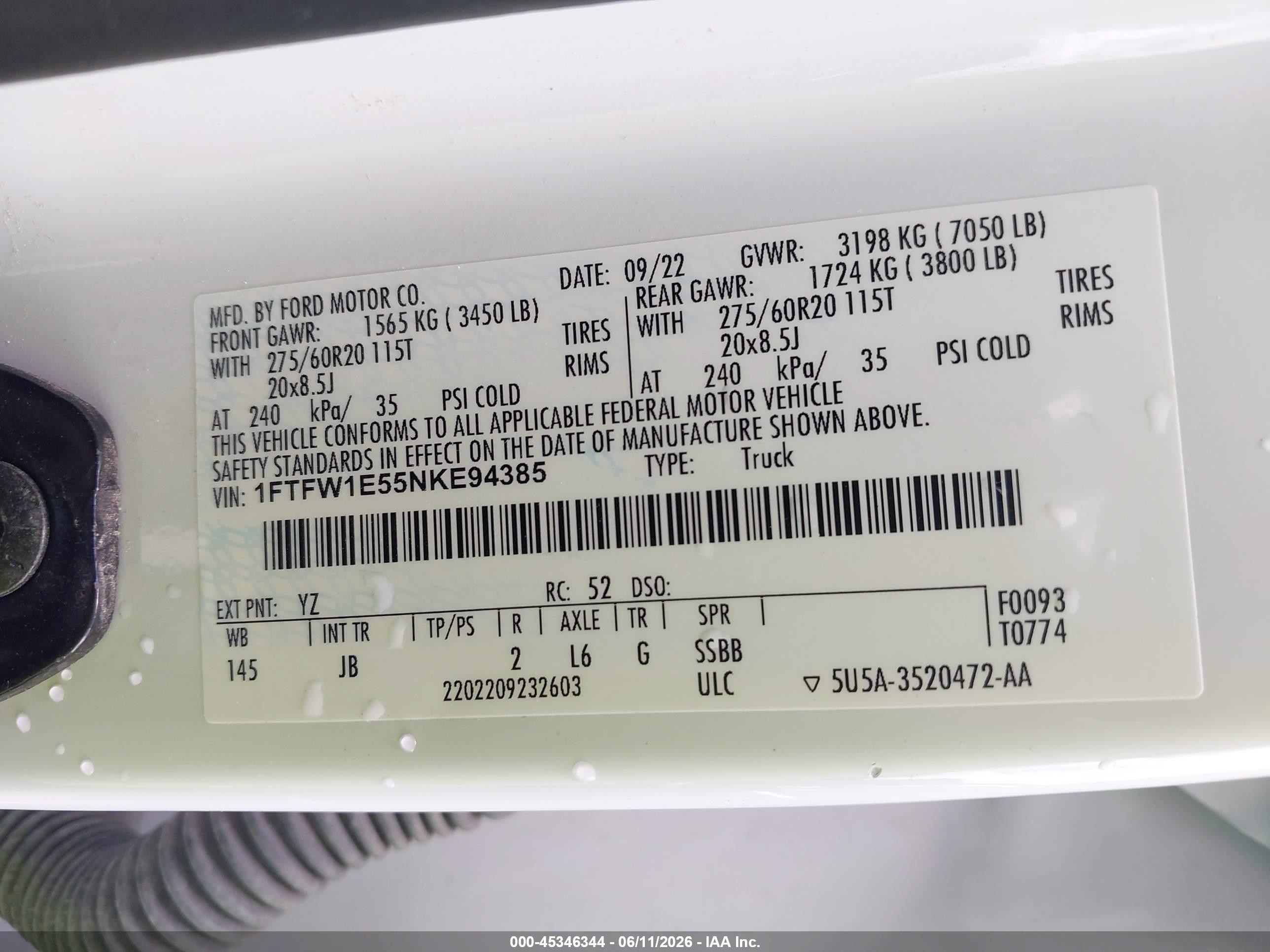 2022 Ford F-150 Xl White vin: 1FTFW1E55NKE94385