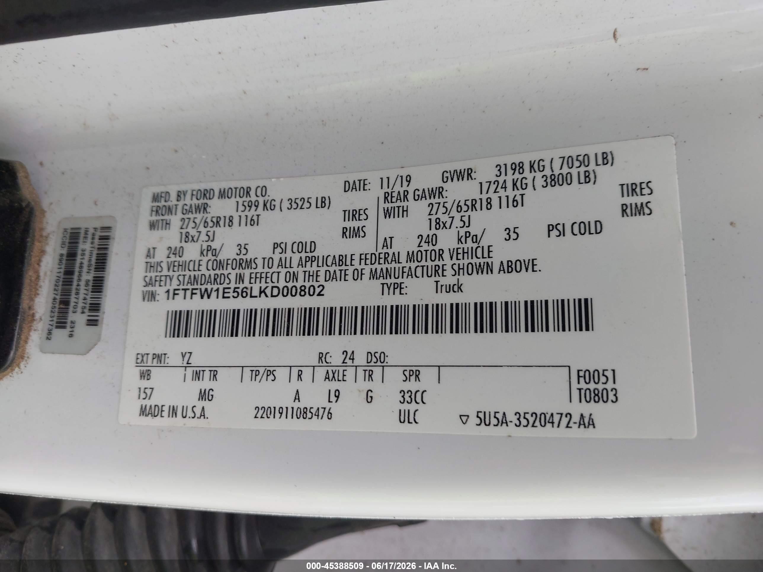 2020 Ford F-150 Xlt White vin: 1FTFW1E56LKD00802