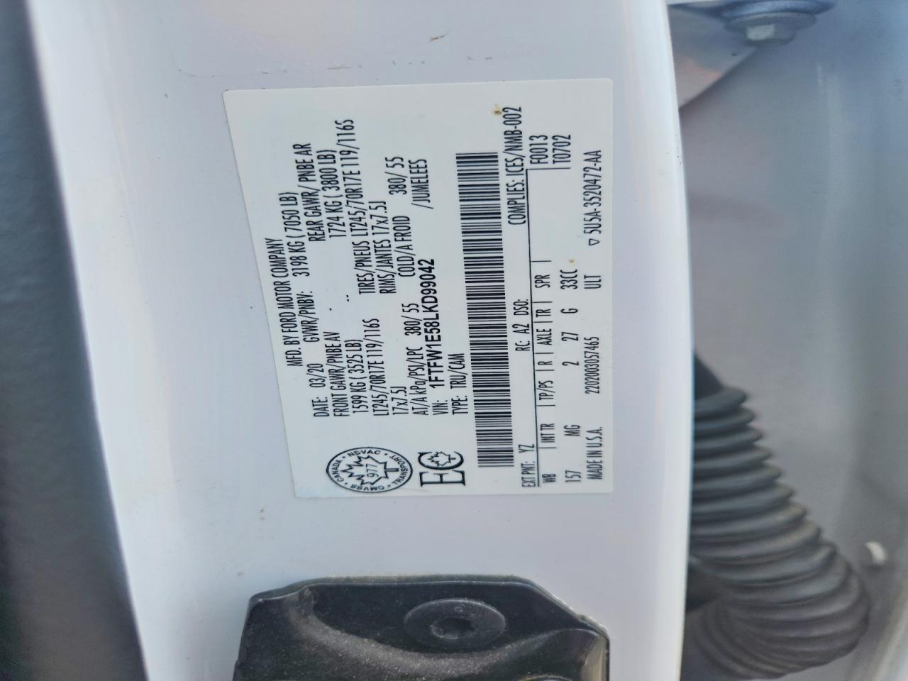 2020 Ford F150 Supercrew White vin: 1FTFW1E58LKD99042