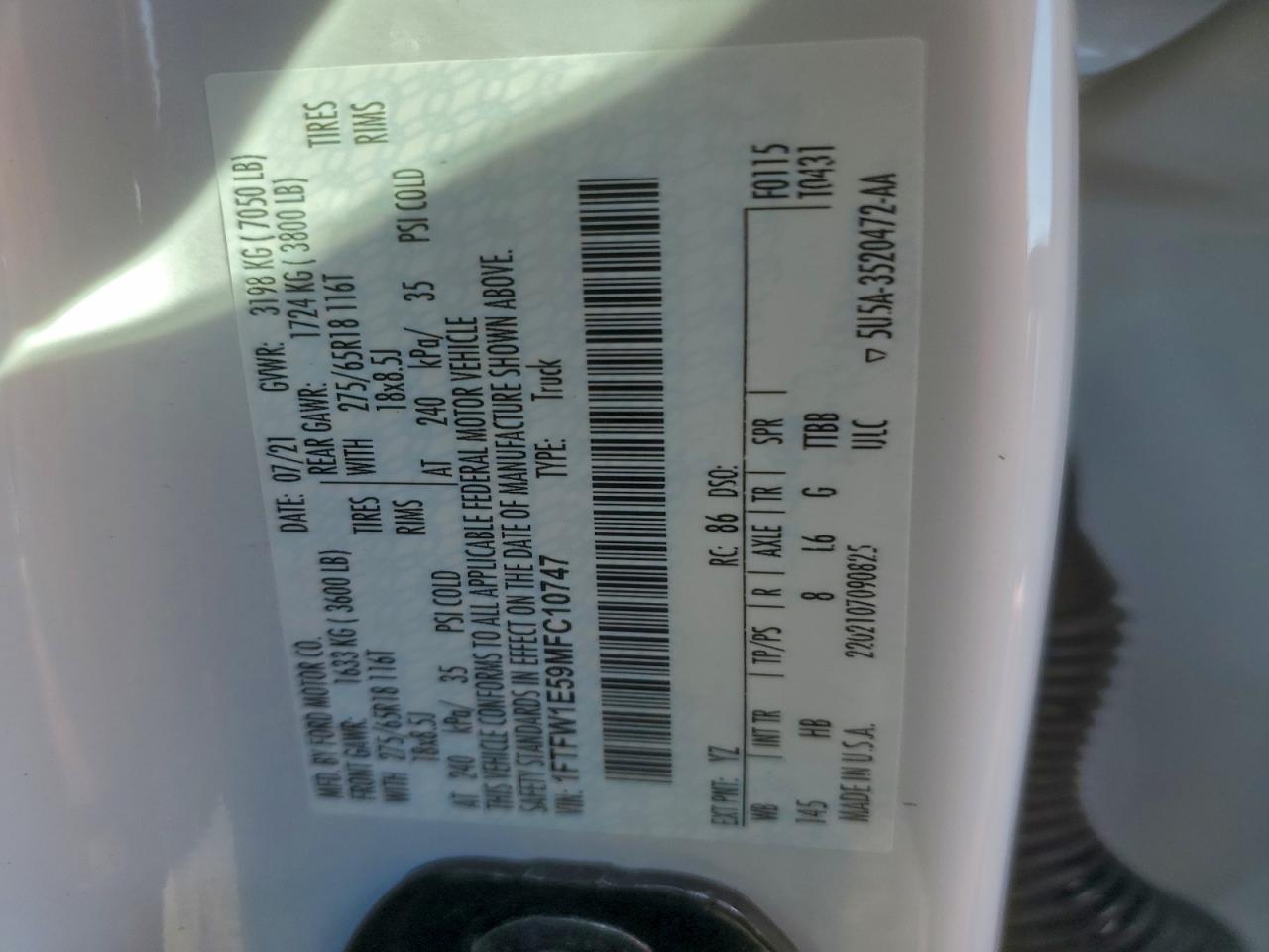 2021 Ford F150 Supercrew White vin: 1FTFW1E59MFC10747