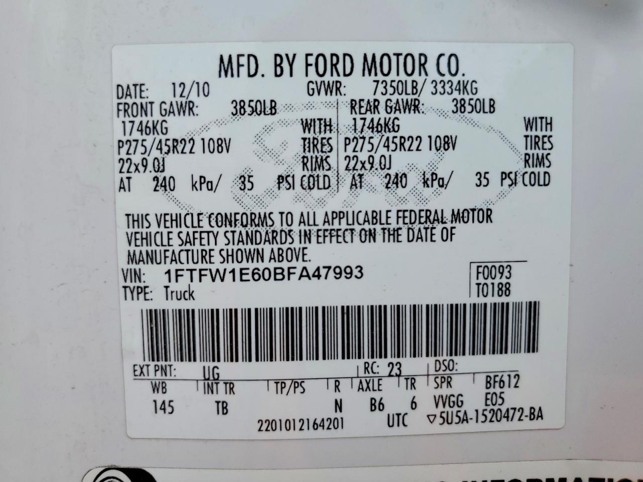 2011 Ford F150 Supercrew White vin: 1FTFW1E60BFA47993