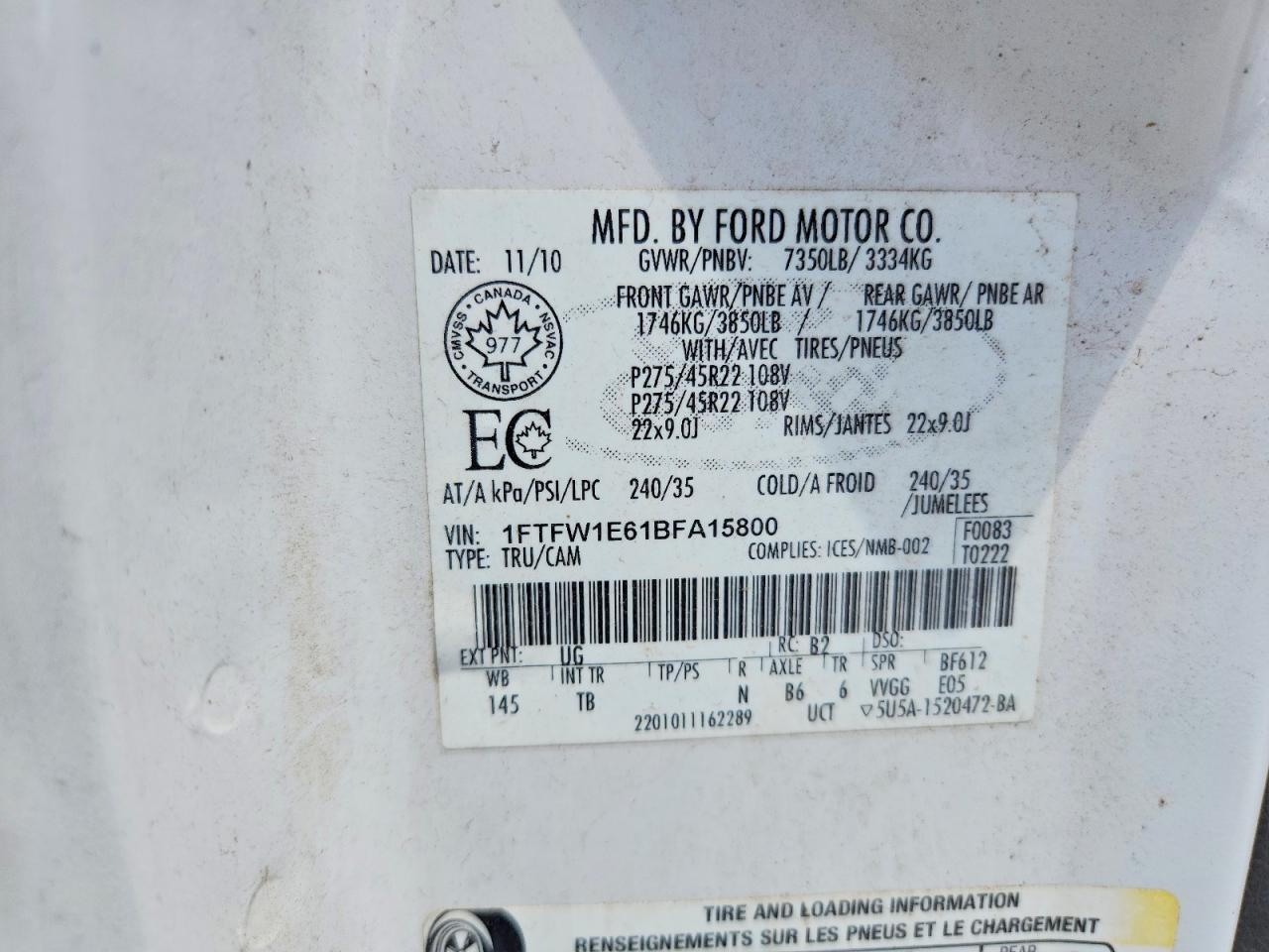 2011 Ford F150x White vin: 1FTFW1E61BFA15800