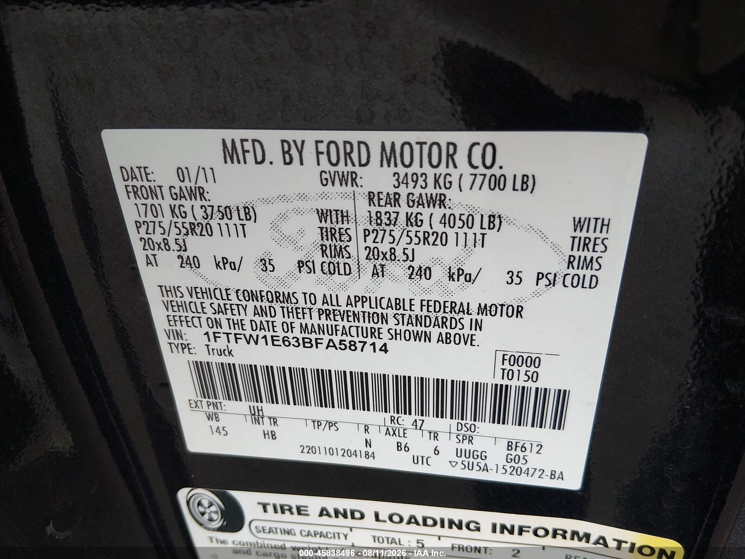 2011 Ford F-150 Lariat Black vin: 1FTFW1E63BFA58714