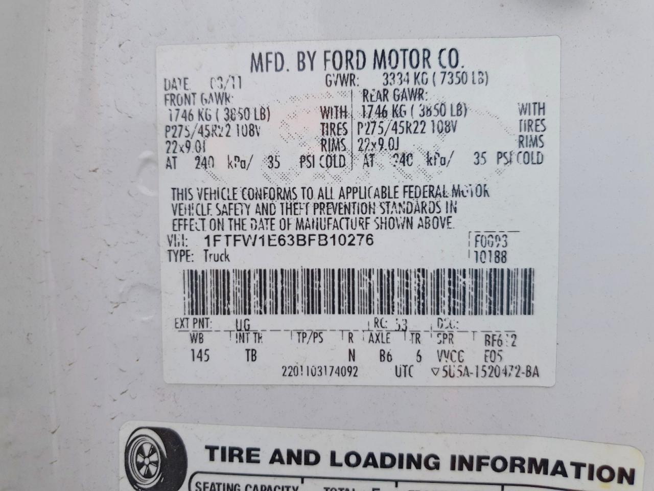 2011 Ford F150 Supercrew Белый vin: 1FTFW1E63BFB10276