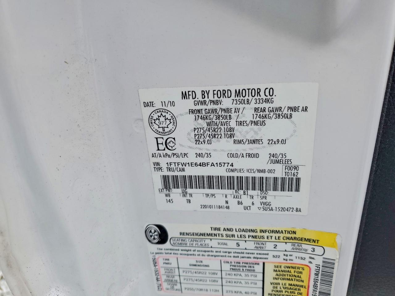 2011 Ford F150 Supercrew White vin: 1FTFW1E64BFA15774