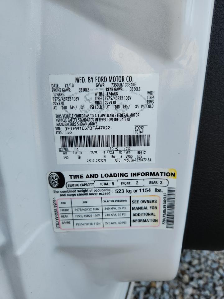 2011 Ford F150 Supercrew White vin: 1FTFW1E67BFA47022
