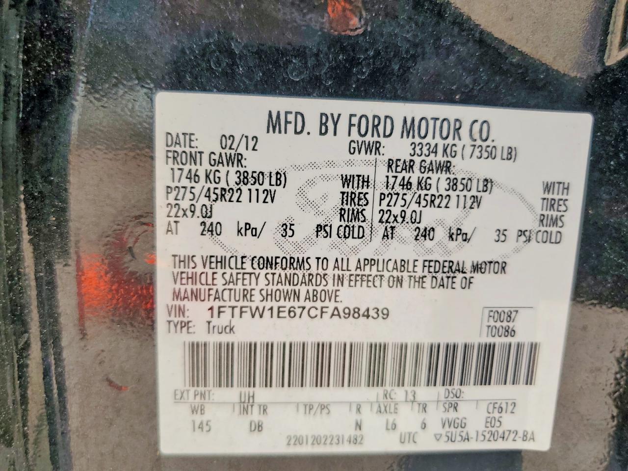 2012 Ford F150 Supercrew Черный vin: 1FTFW1E67CFA98439