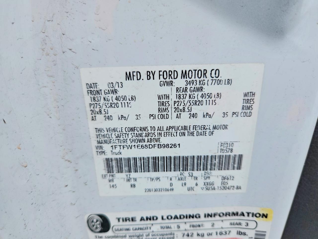 2013 Ford F150 Supercrew White vin: 1FTFW1E68DFB98261