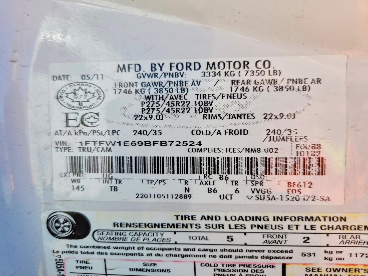 2011 Ford F150 Supercrew White vin: 1FTFW1E69BFB72524