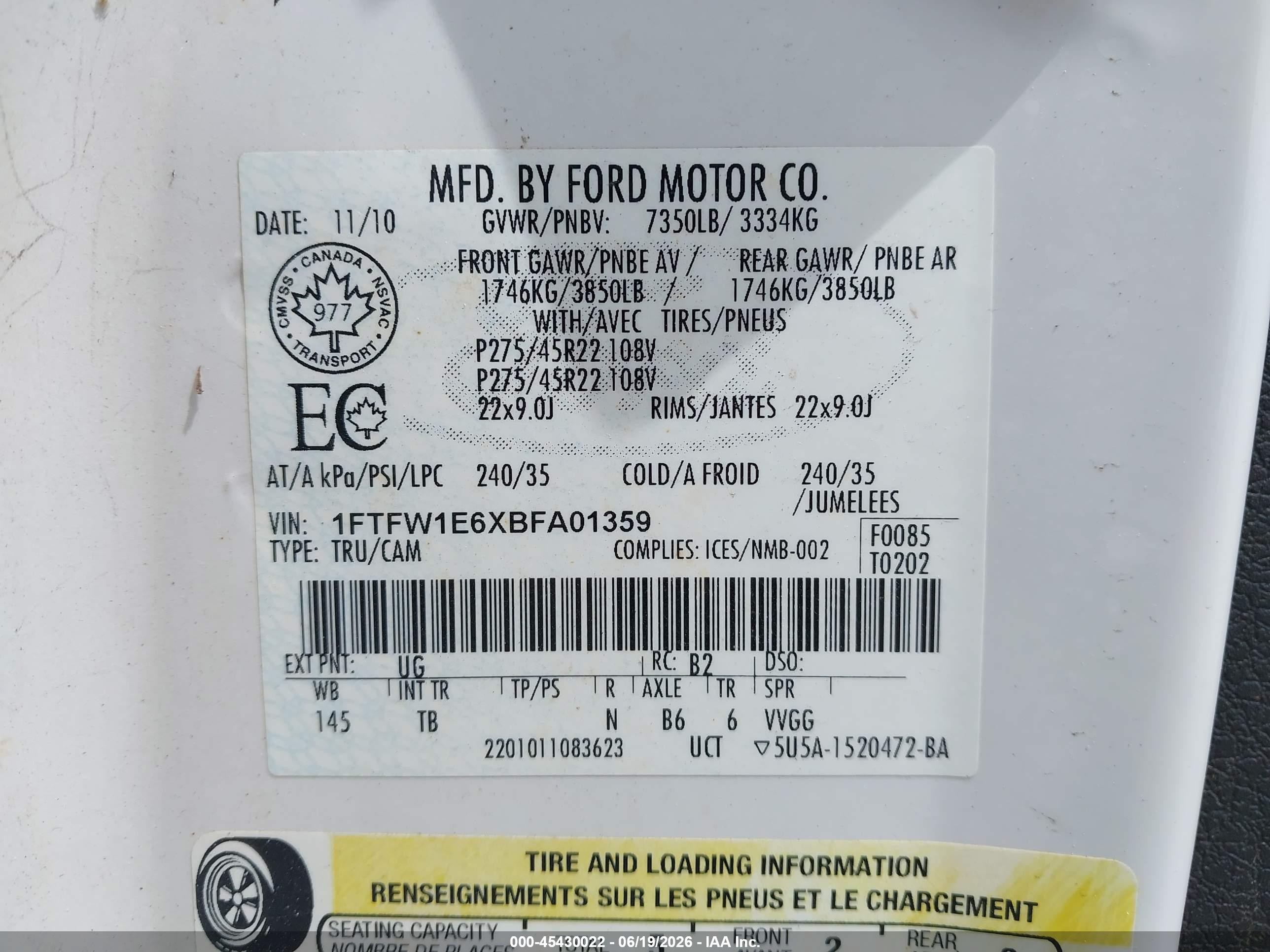 2011 Ford F-150 Harley-davidson/lariat/lariat Limited/platinum White vin: 1FTFW1E6XBFA01359