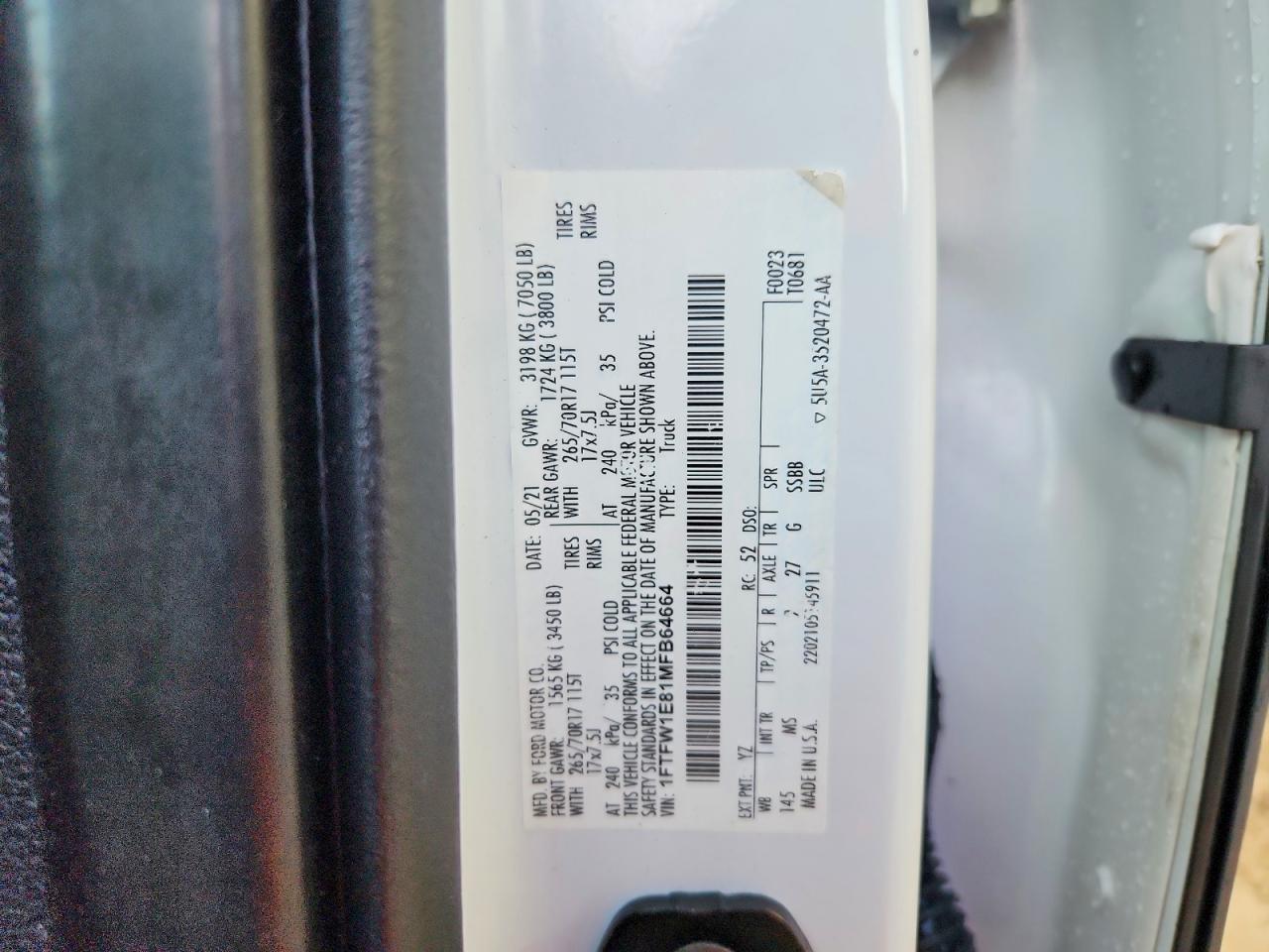 2021 Ford F150 Supercrew White vin: 1FTFW1E81MFB64664