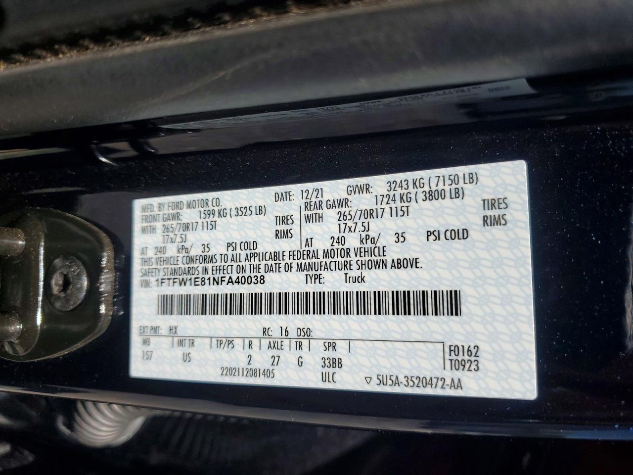 2022 Ford F150 Supercrew Black vin: 1FTFW1E81NFA40038