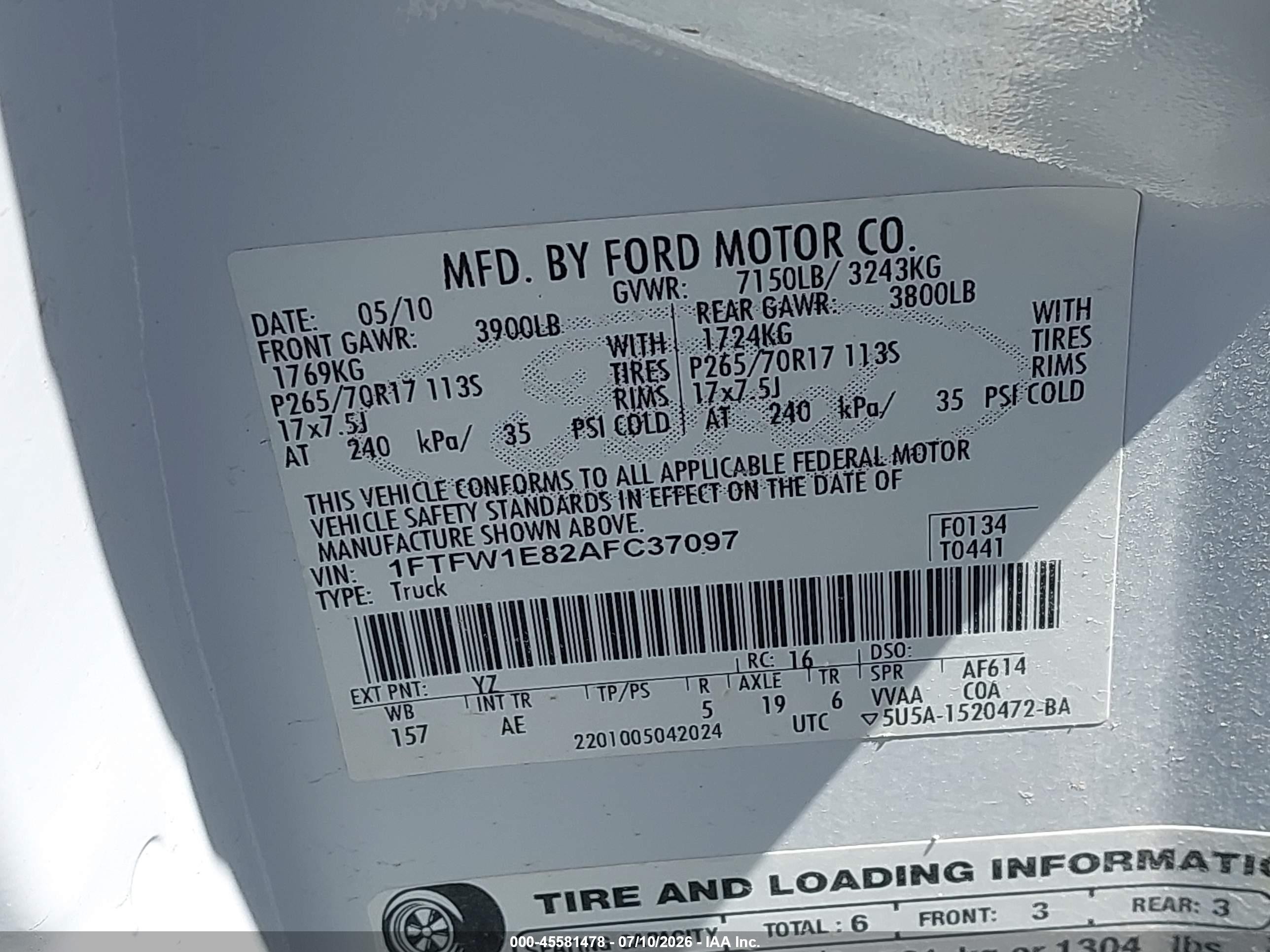 2010 Ford F-150 Xl/xlt White vin: 1FTFW1E82AFC37097